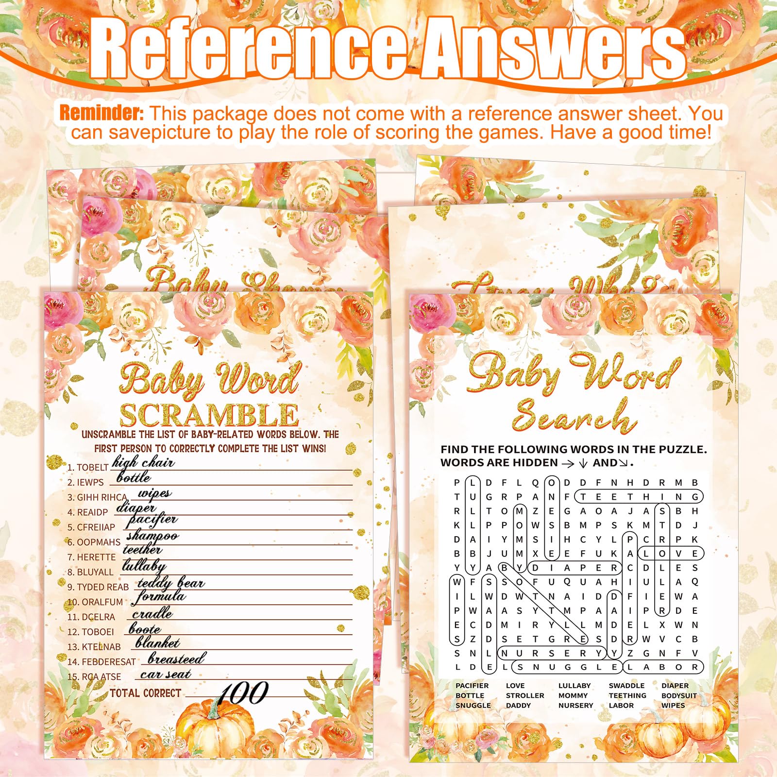 Sherr 476 Aquarell-Kürbis-Babyparty-Spiele, 6 Sets, Aktivitätskarten, Schnuller, Jagdspiel, 50 Schnuller, How Big Is Mommy's Belly Schild, 50 Ratekarten, 2 Maßbänder, "Don't Say Baby", 50