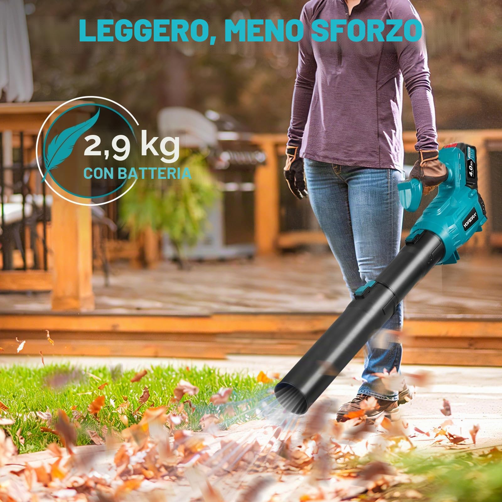 Yofidra Soffiatore per Foglie Senza Fili, 400 km/h, Motore Spazzole 25000 RPM, 6 Velocità, 2 Batterie e Caricatore, Soffiatore a Batteria per Giardino, Foglie, Polvere e Neve