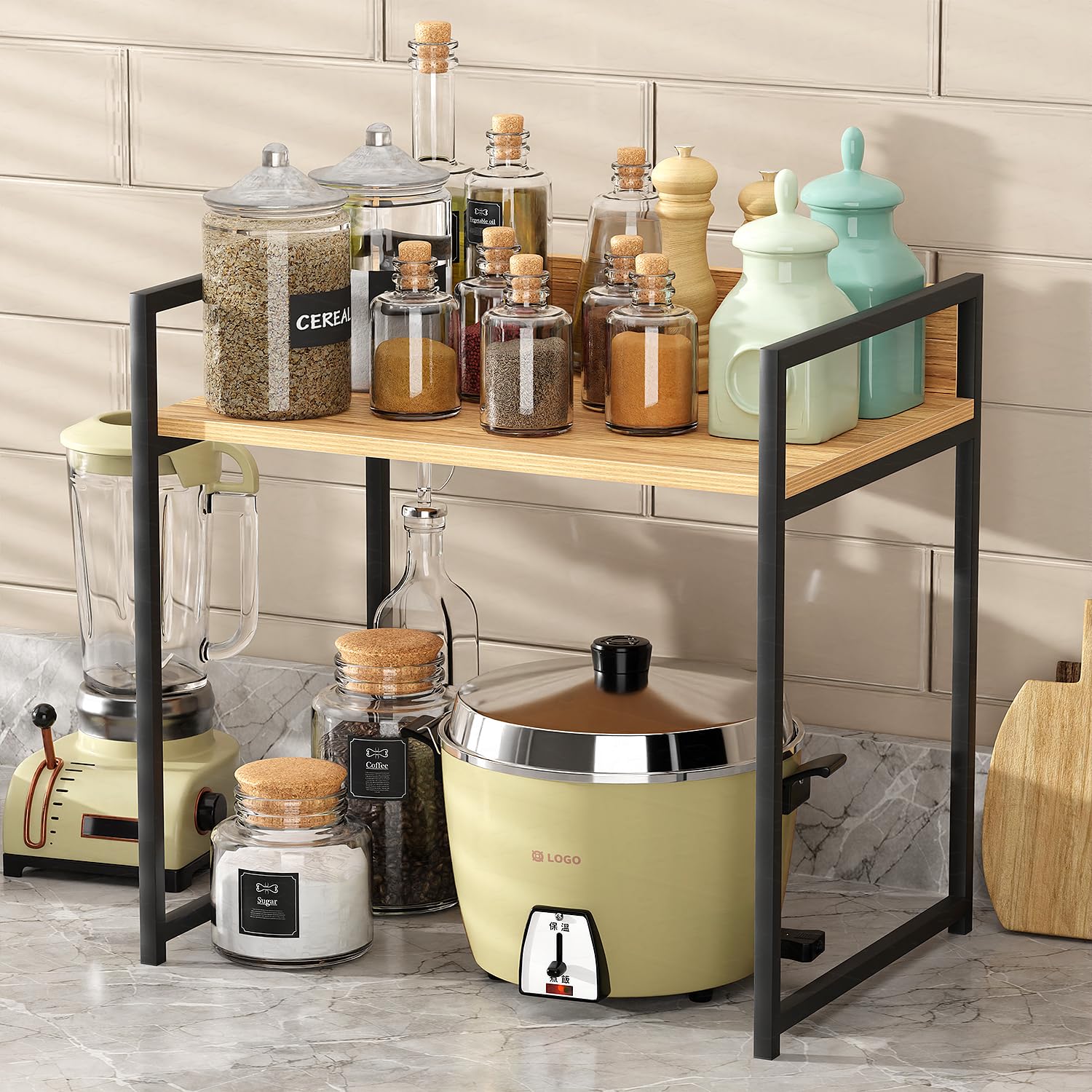 Lukzer | MKR-001 | Black | 1-Layer Multipurpose Storage Rack – Compact Metal & Wood Organizer Stand for Kitchen, Bedroom, Office, Garage, Shops, Salon & Kids Room | 59.4 x 53 x 37.8 cm