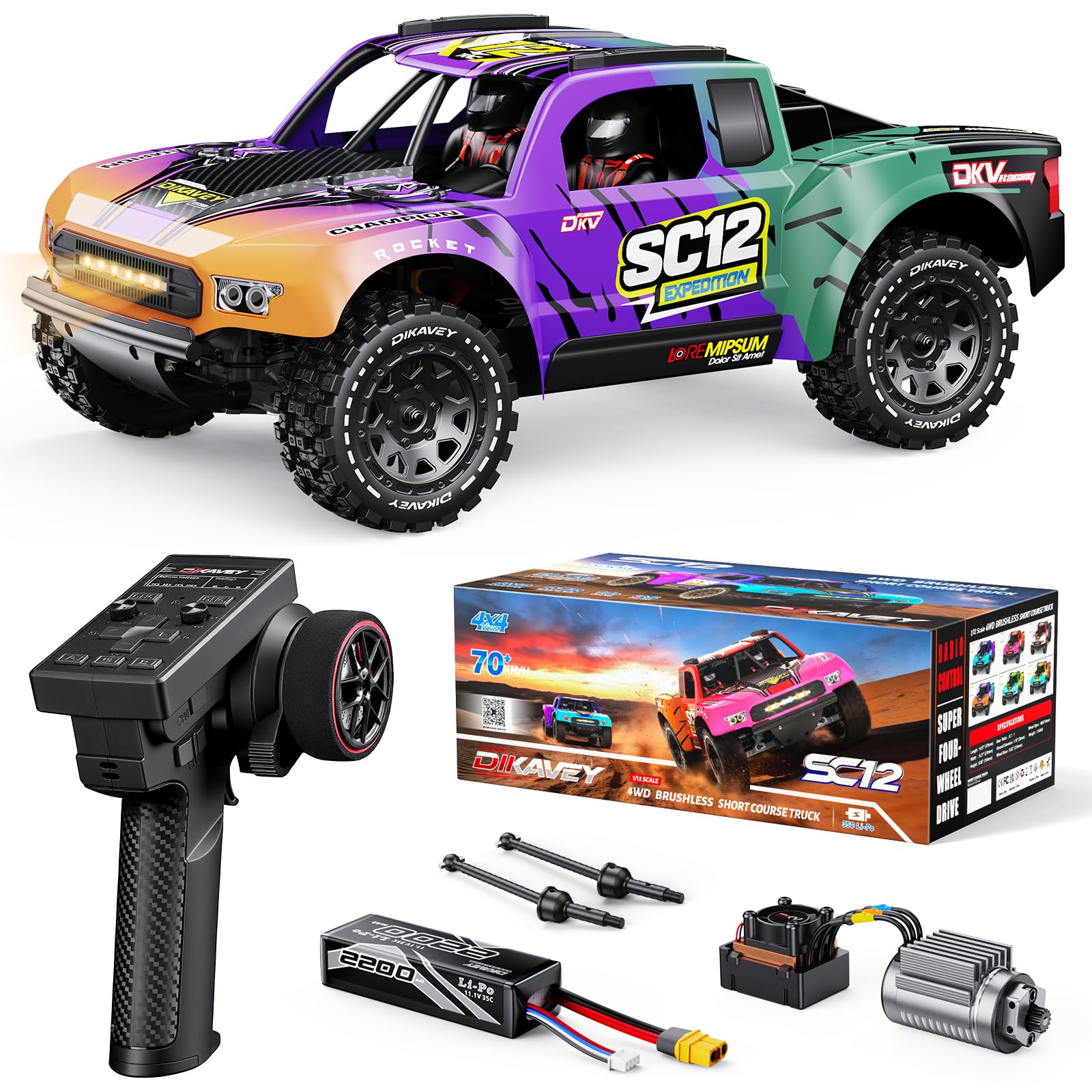 DIKAVEY 1/12 Brushless Remote Control Car RTR, 42MPH (70+Km/H 4WD Rc Short-Course Truck, Amateur-Level Rc Drift Car, Equipped with 3s 2200 Mah Battery, all-terrain tires, Suitable for Adults-Purple