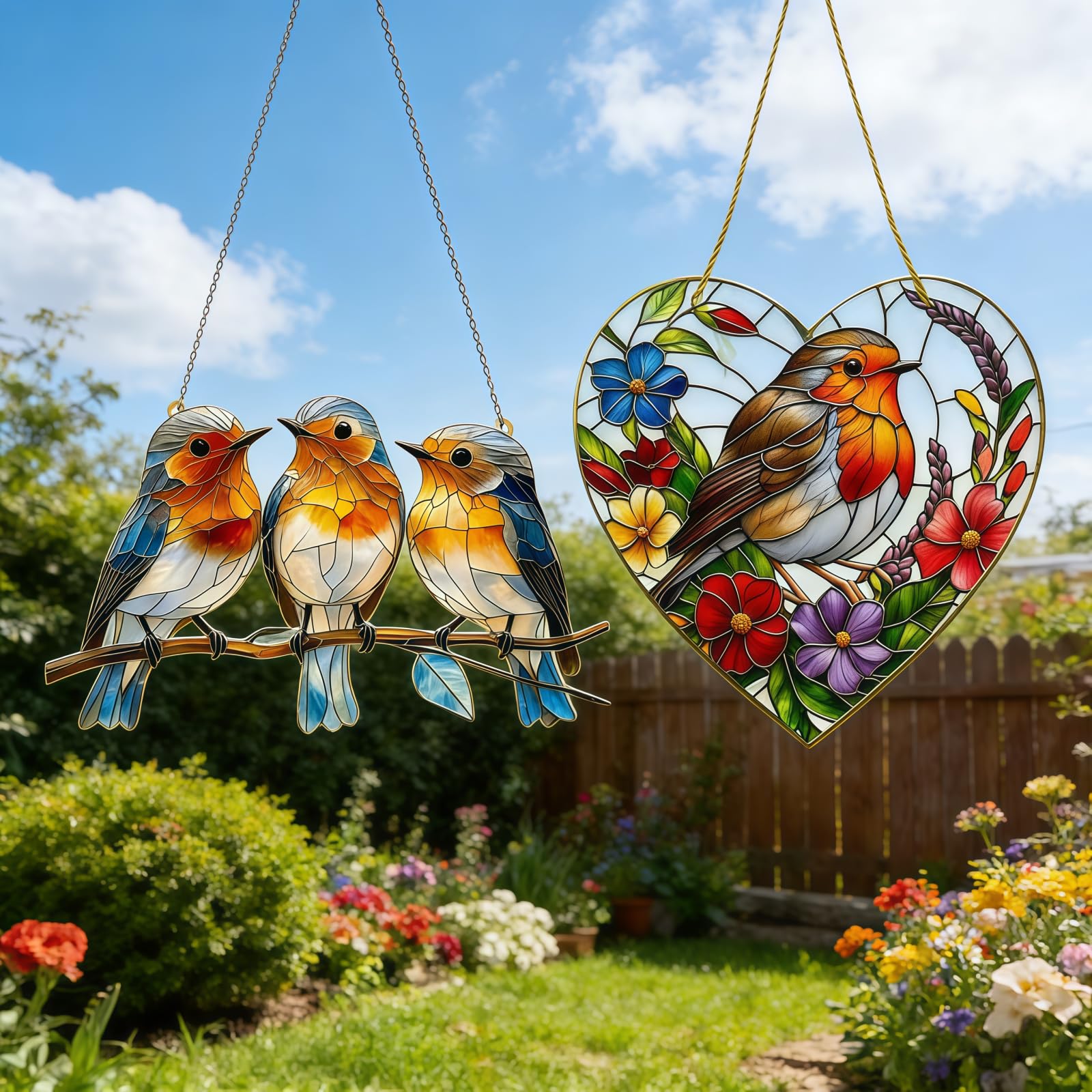 Sun Catcher garden ornaments outdoor, 2pcs Acrylic Robin on Branch & Heart Design, Stained Glass Style Window Hanging, Garden Sculpture for Patio, Bird Lover Present, gardening gifts for women