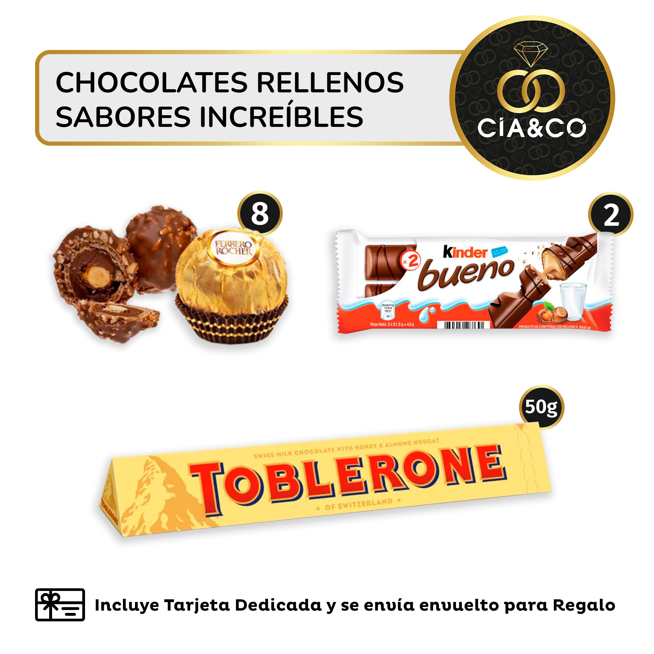 Coffret Bonbons avec +20 Chocolats Ferrero Rocher, Toblerone, Kinder Bueno, Bounty Coconut, Mars, Twix et de délicieuses barres Kit Kat et Huesitos.