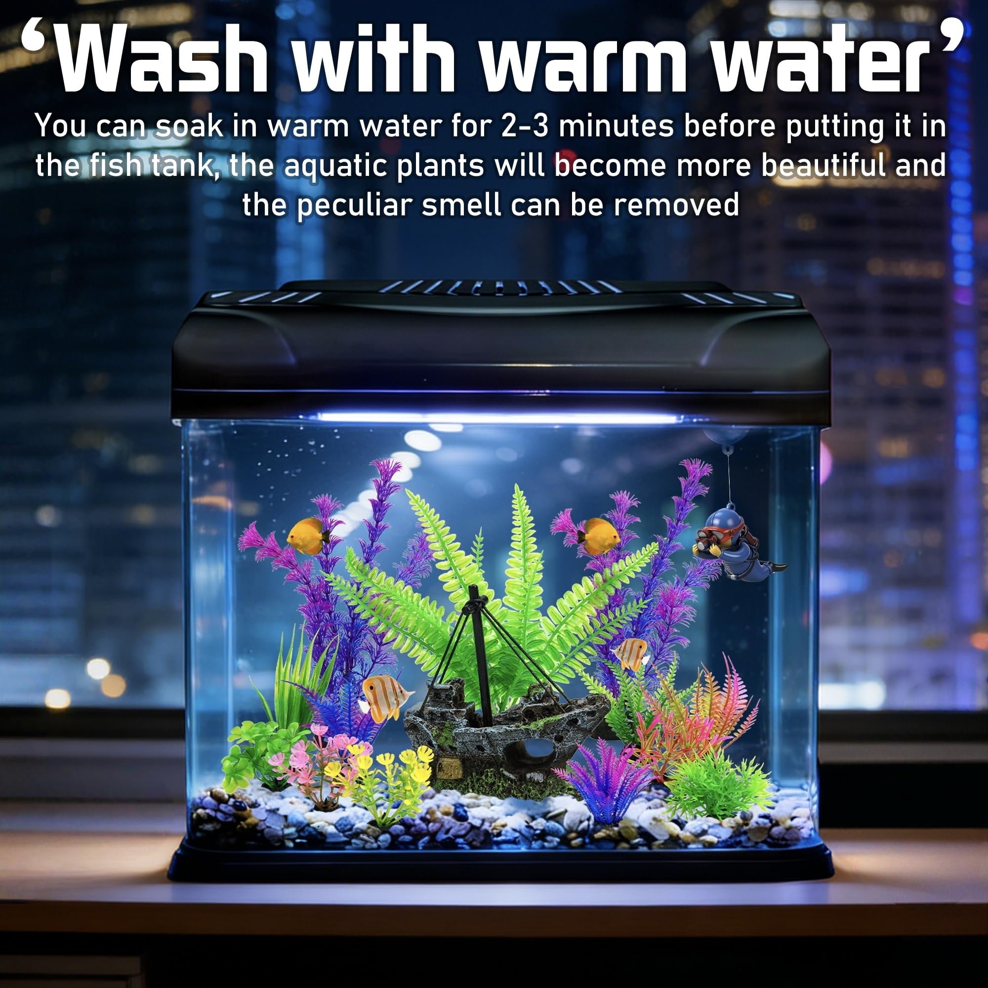 Ameliade Aquarium-Deko-Set mit Schiffswrack-Dekoration, kleiner Taucher schwimmend & 13 Wasser-Kunstpflanzen – Betta-Pflanzen & Verstecke für Aquarien und kleines Aquarium-Zubehör