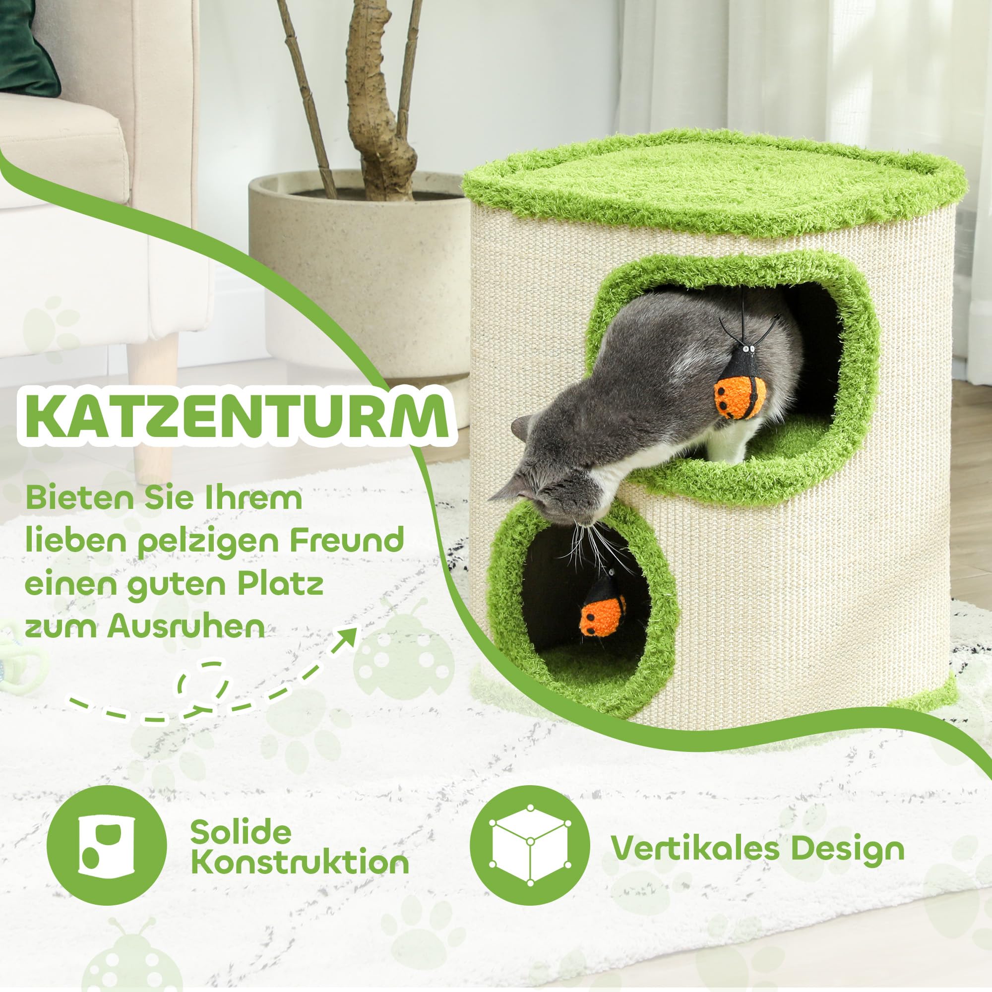 PawHut Kratztonne, 52 cm hoch Katzentonne mit 2 Höhle, Kratzbaum mit Marienkäfer-Spielzeug, Katzenturm aus Sisal, Katzenhöhle Katzenhütte für Katze bis 5 kg, Grün+Cremeweiß