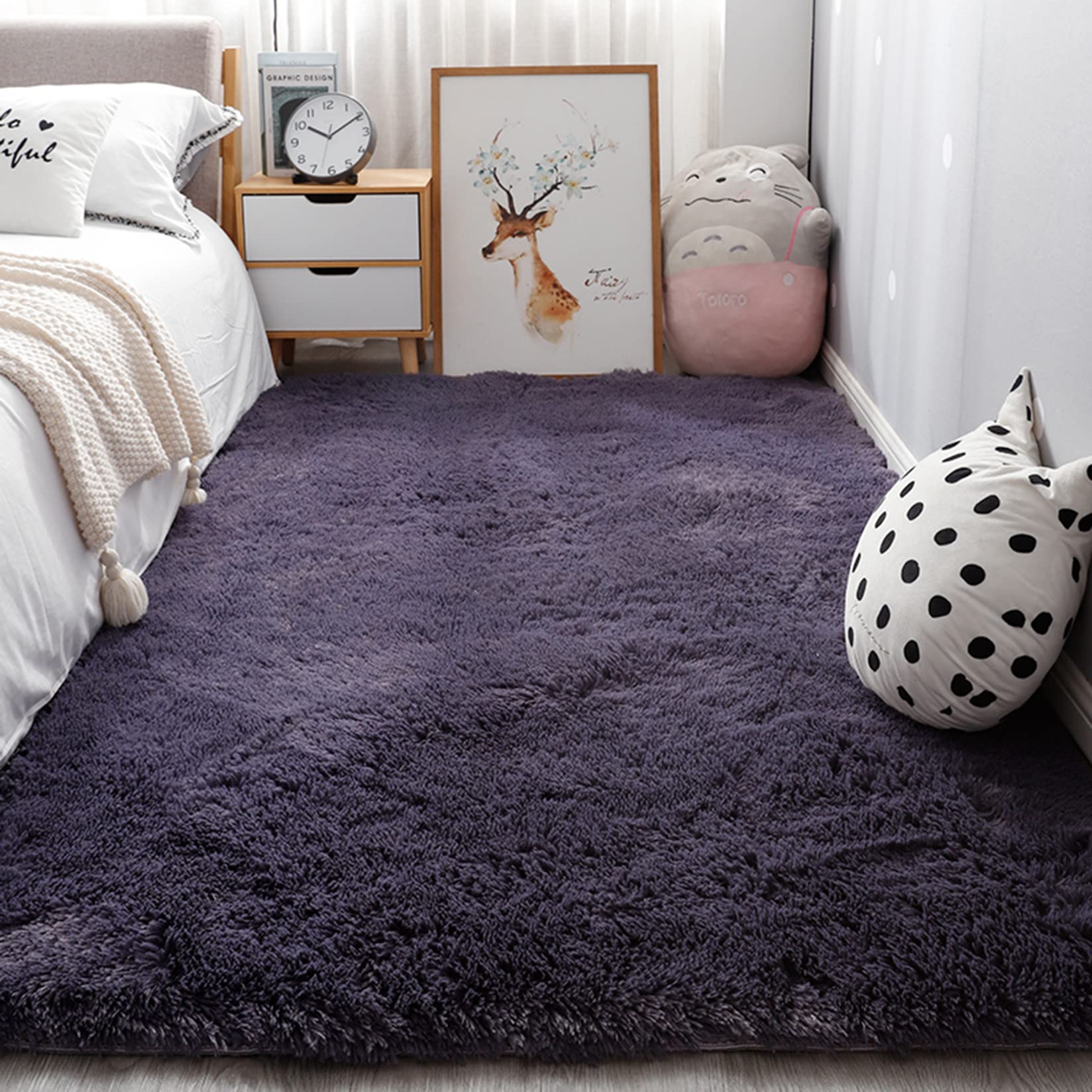 ラグマット 140x220cm ふわふわ シャギー マルチロールカーペット 洗える 冬用 夏用 床暖房 じゅうたん 一年中使える, パープルグレー