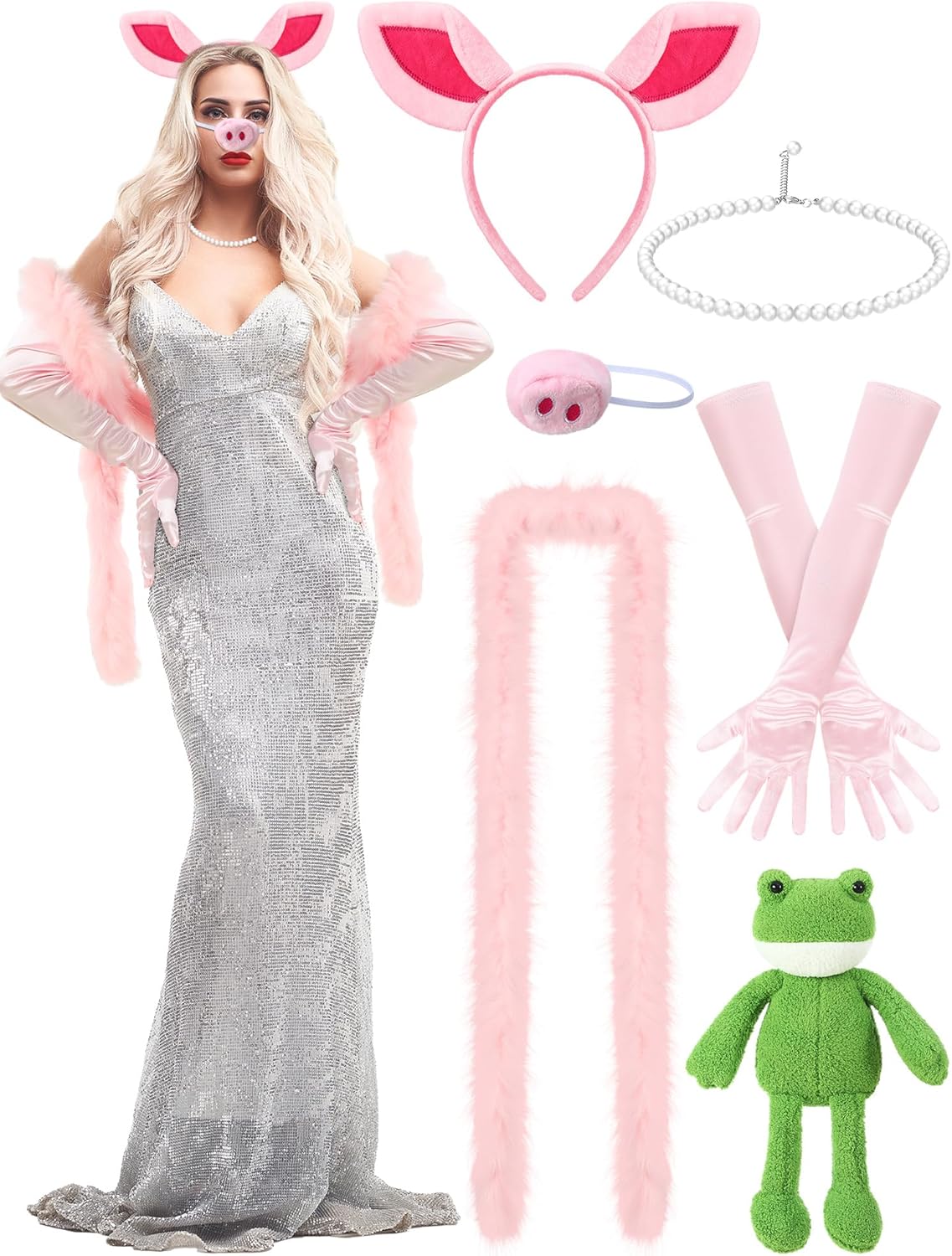 6 Pcs Pig Costume Accessories Set Pink Pig Ears Headband, Snout, Pearl Necklace, Elbow Length Satin Gloves, Feather Boas and Plush Frog Doll for Women Dancing Wedding Party Halloween Cosplay