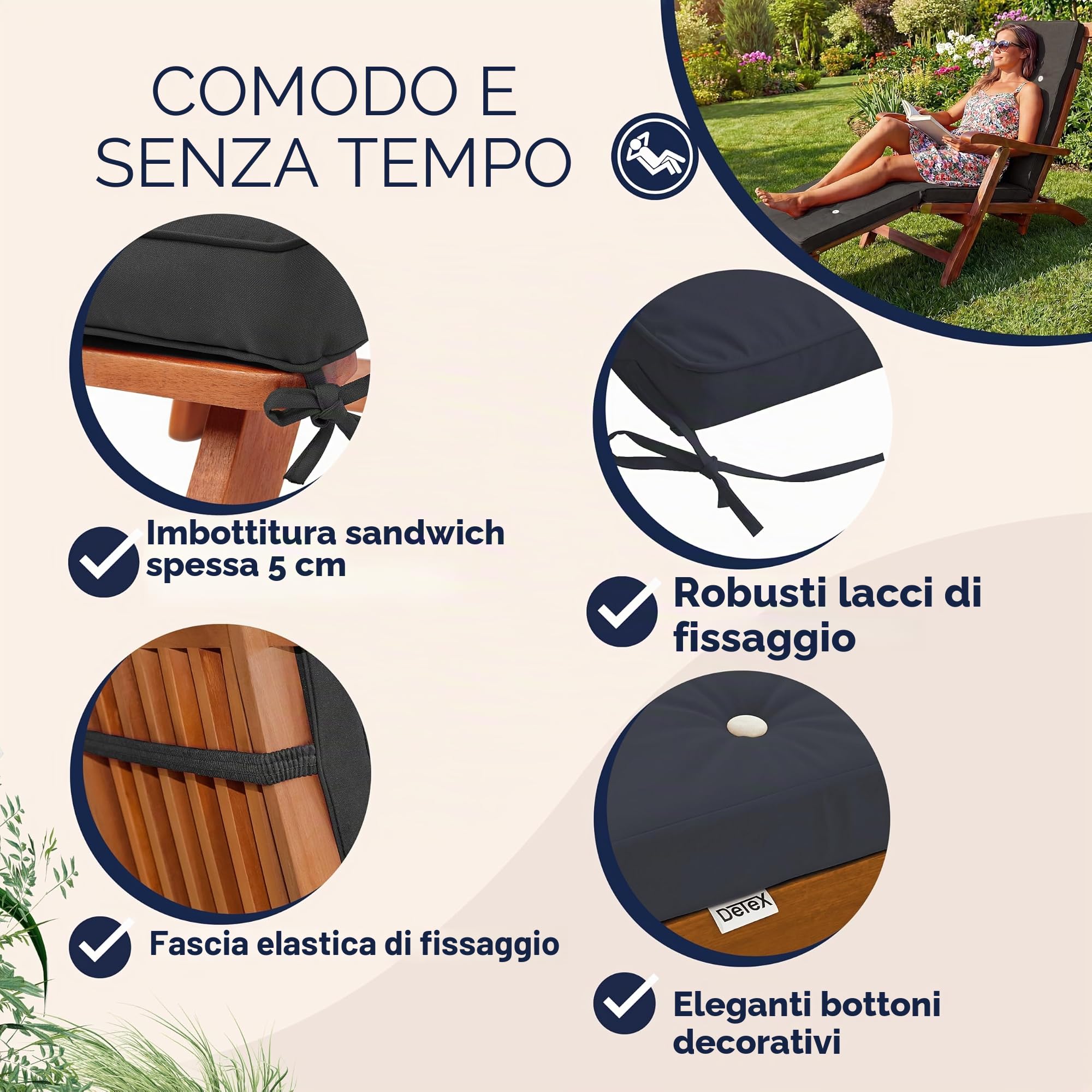 Detex® Cuscino Imbottito per Lettino Prensidole Effetto Lino Coprisdraio Imbottitura Sdraio Cuscini per Lettino da Giardino Materassino per Lettini