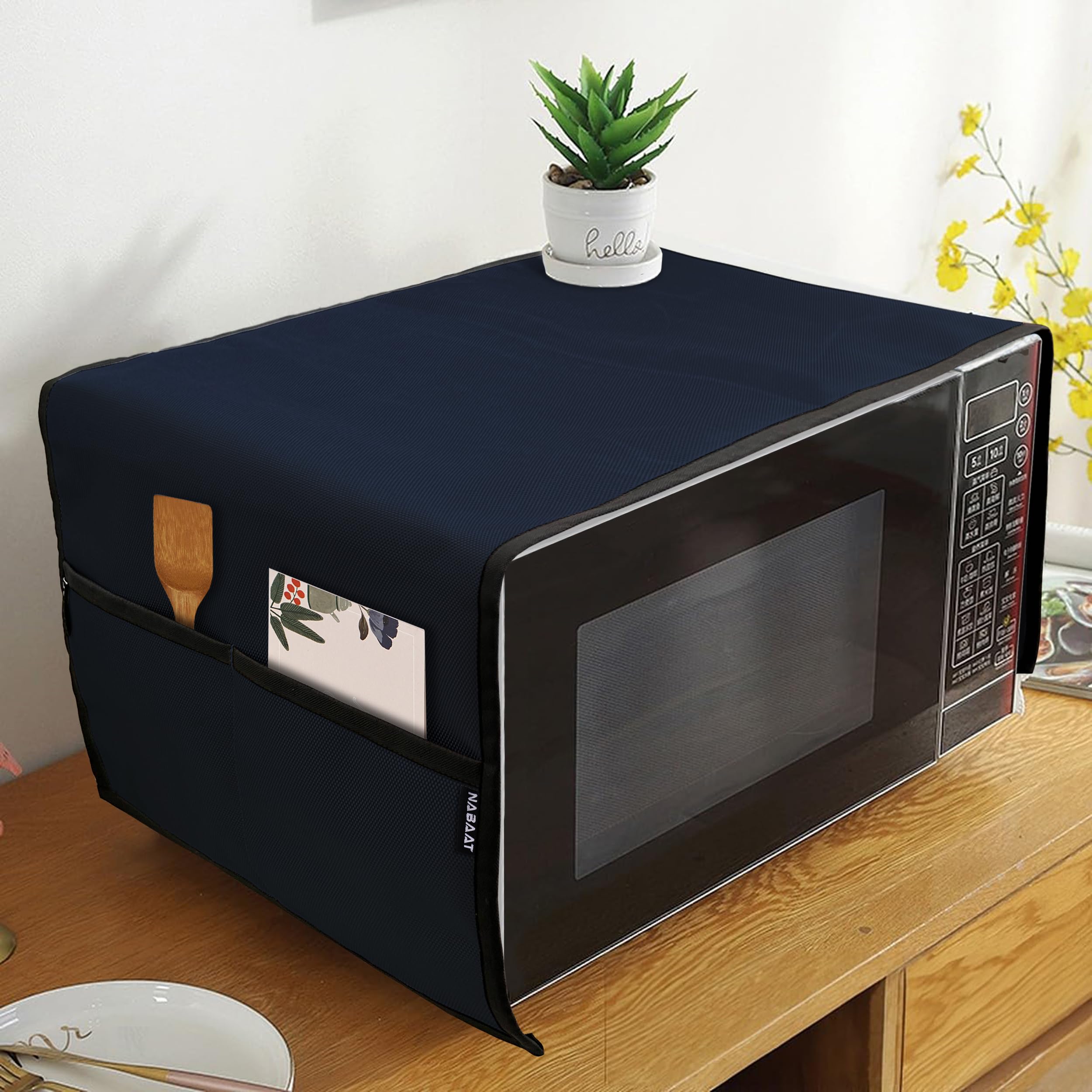 NABAAT Microwave Oven Cover for Kitchen Decor Durable Dustproof Waterproof Modern Design with 4 Side Pockets for Kitchen Accessories - Blue (100 x 35cm)