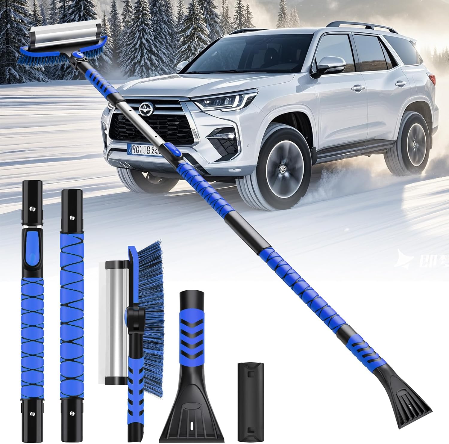 nuovoware 60" ice scraper and extendable snow brush for car windshield, 5 in 1 adjustable snow removal tools with 270° pivoting brush head for car auto truck suv, blue blue 60"
