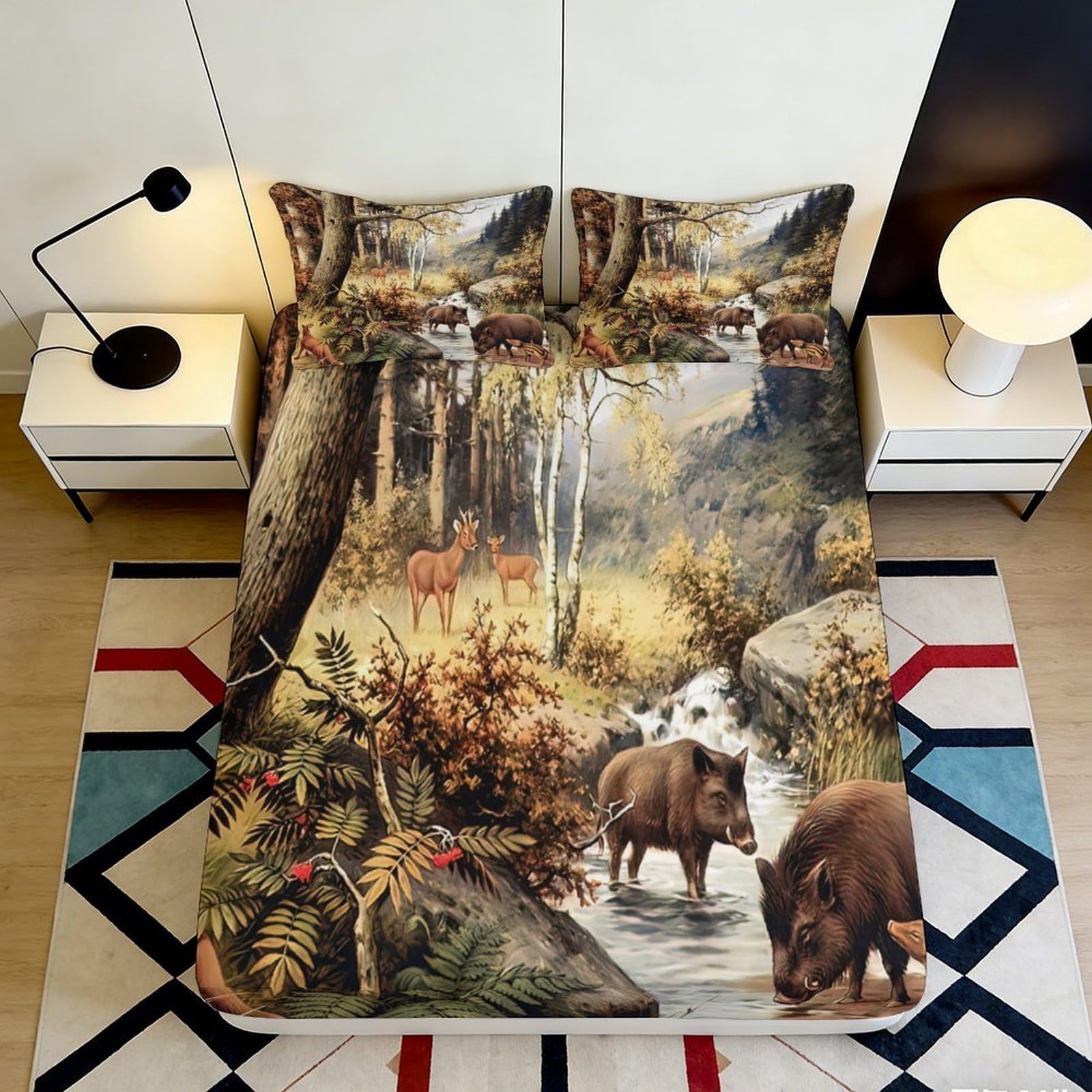 3D Printed Forest Deer Fitted Sheet Microfiber Woodland Wild Boar Bed Cover for Bedroom Guestroom Machine Washable Decor 90x200x25cm