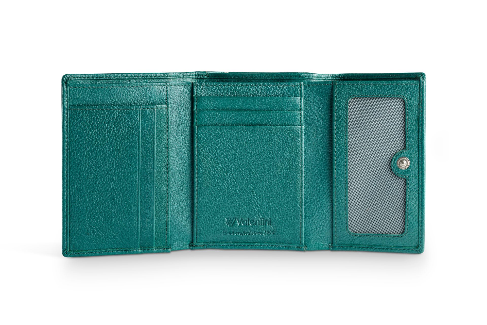 Valentini Portfel Damski - Portmonetka - Skóra Naturalna - Ochrona RFID - 8 Przegródek na Karty i Dokumenty - 12,5 x 9,5 cm Zielony Metallic