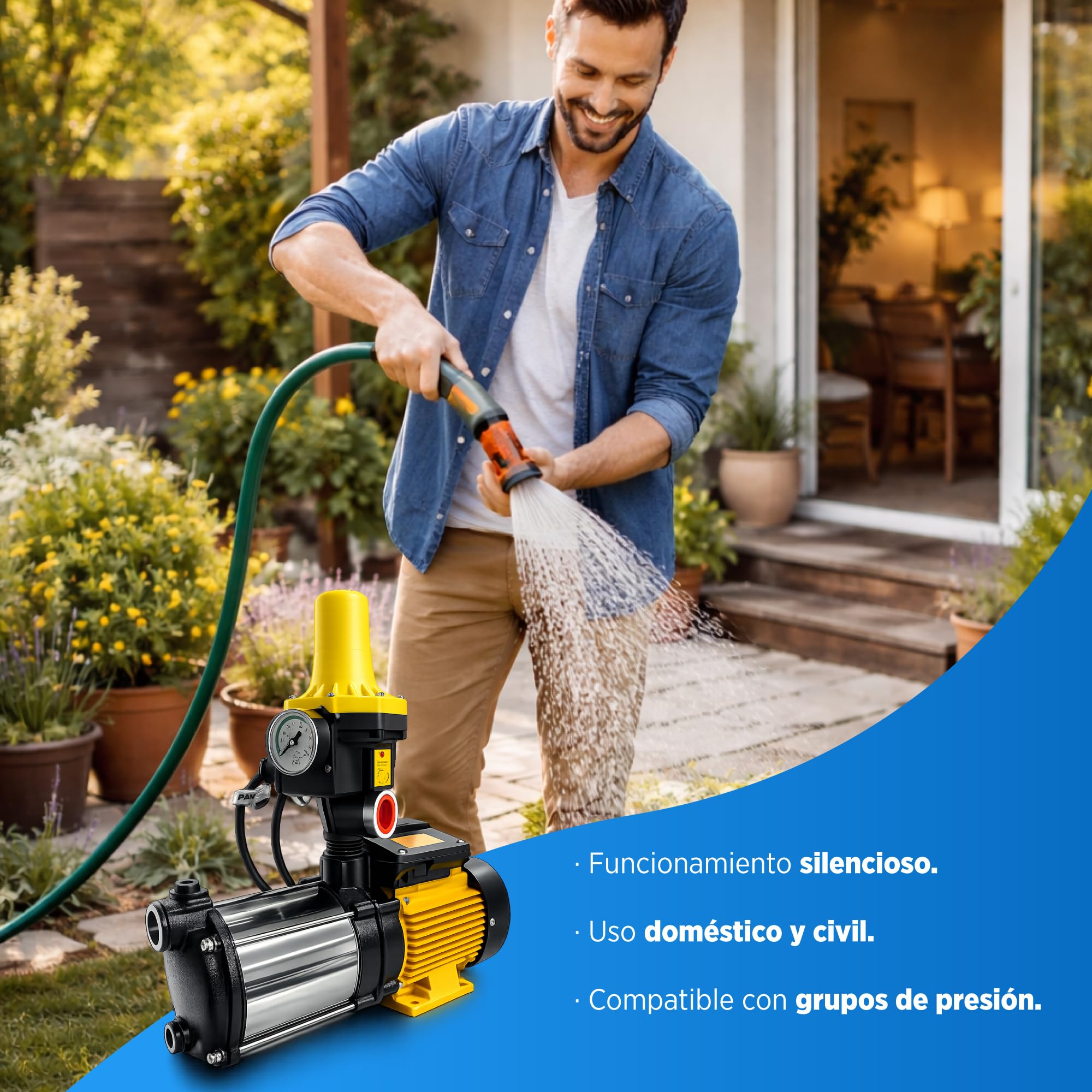 Grupo de Presión de Agua 0.55 kW - 0.75 CV Automático con Controlador – Bomba de Agua Presurizadora Doméstica para Casa, Jardín y Riego, Sistema Automático de Presión · Fluvia