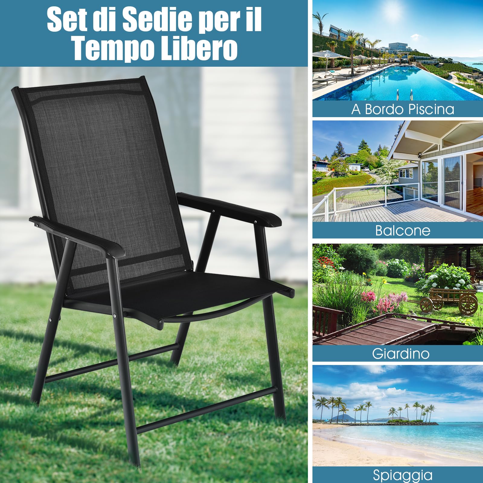 COSTWAY Set di 2 Sedie Giardino Pieghevoli, Poltrona da Esterno con Struttura in Metallo, con Braccioli, Ideale per Campeggio Spiaggia, Portata 100 kg, 68 x 59 x 93 cm (Nero)