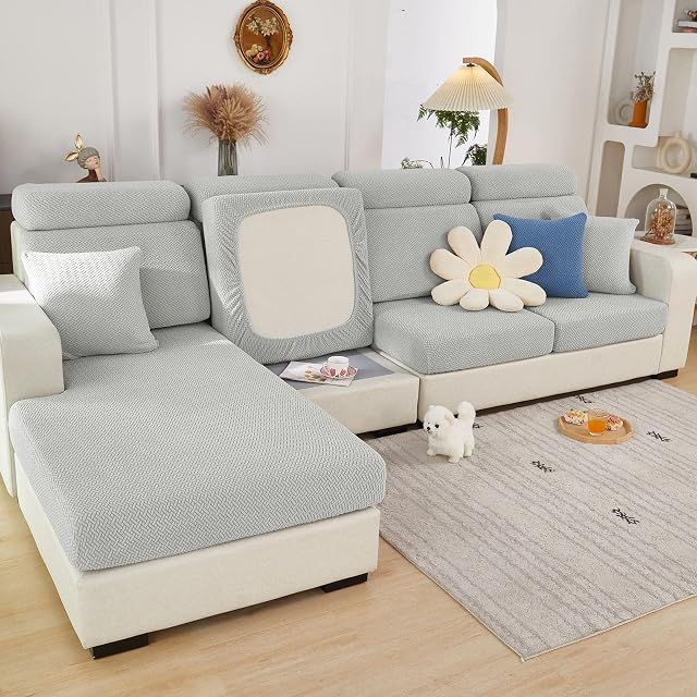 Sofa Seat Cushion Covers- High Stretch Non-Slip Couch Sofa Cover 1-Piece Universal for 1 2 3 4 Seater L Shape Chaise Longue Sofa Slipcovers for Living Room Dogs Pet (2 Seater, Weave Light Grey)