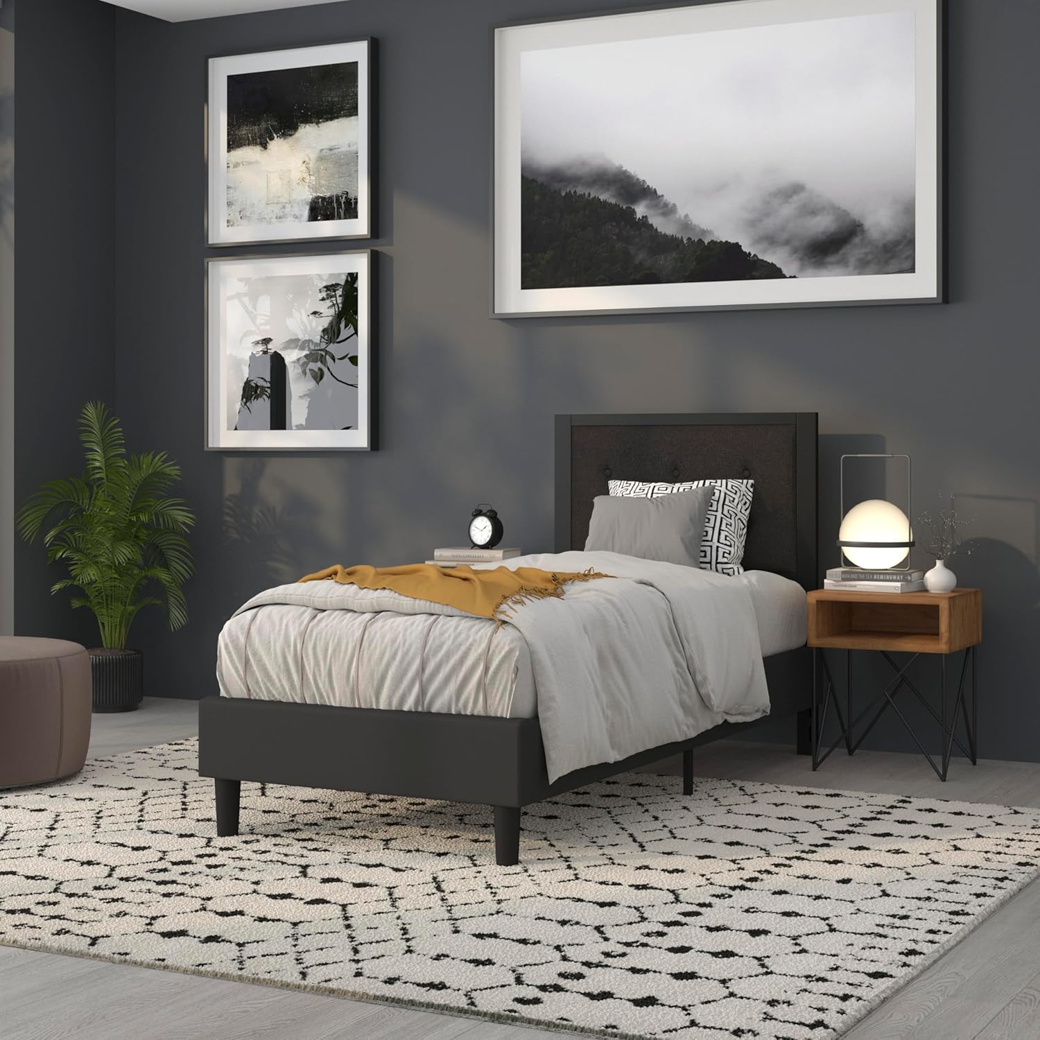BizChair Twin Size Upholstered Metal Panel Headboard in Tufted Black Fabric