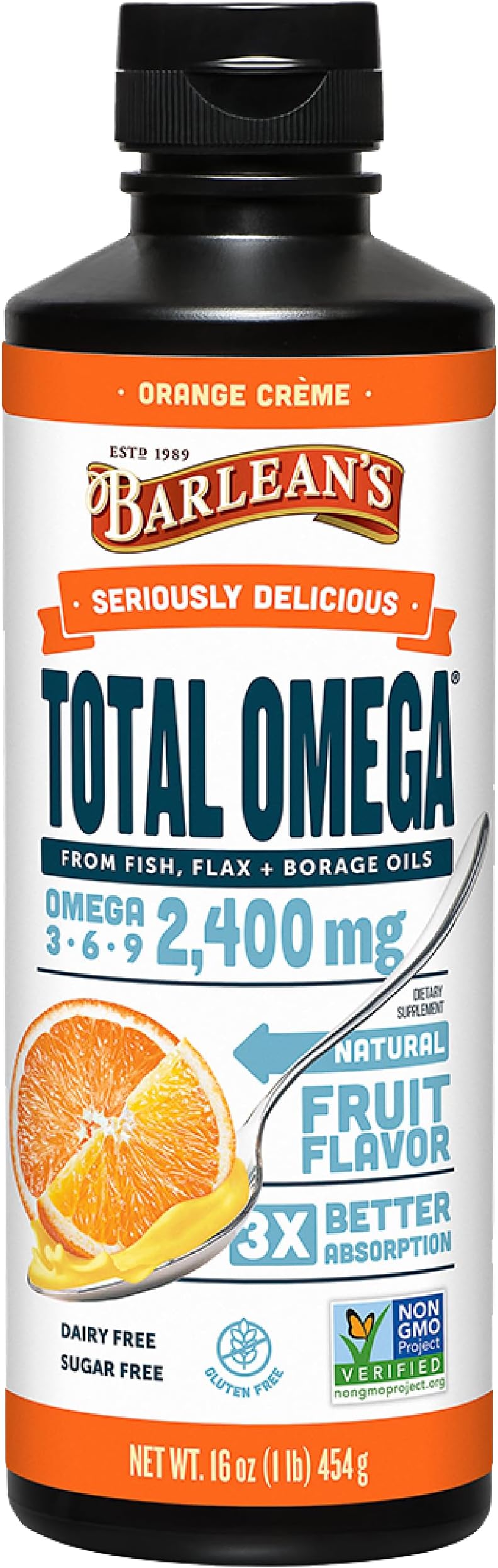 Total Omega 3 6 9 Liquid Fish Oil Supplement with Borage and Flaxseed Oil, Orange Crème, 2,400 mg of EPA, DHA and GLA Fatty Acids, 16 oz
