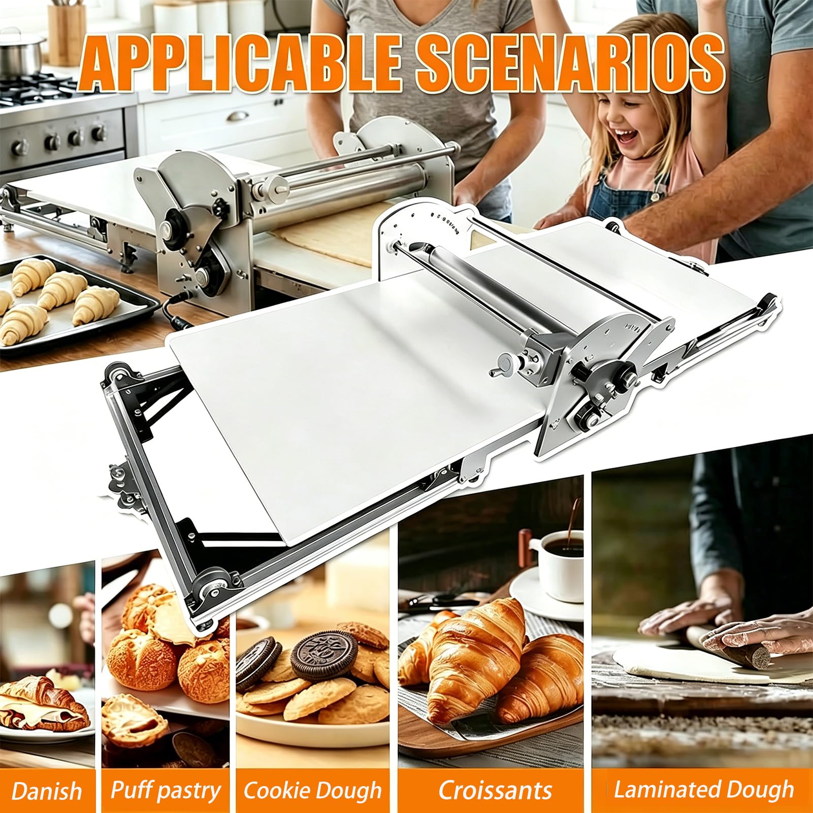Sfogliatrice Pasticceria Elettrica, Sfogliatrice Elettrica Professionale per la Cottura in Casa, in Acciaio Inox, Spessore Regolabile 2-30 mm, Laminatrice per Pasta Sfoglia Croissant e Pizza