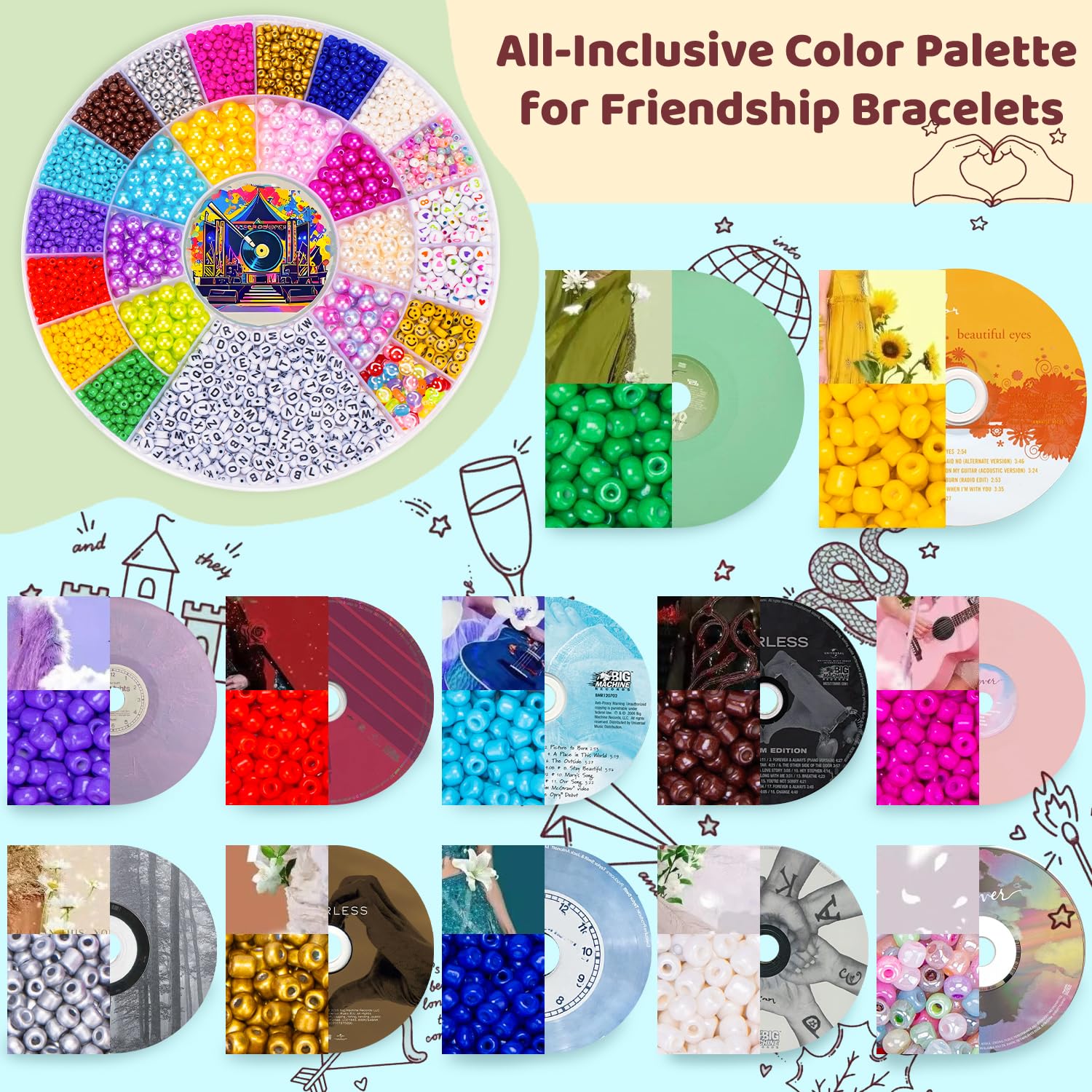 DreGlam Friendship Bracelet Kit – Album-Inspired Color Glass Seed Beads, Pearl Beads, Letter, Smile, Heart & Number Beads, 5 Unique Charms, and 13-Themed Tattoo, Gift for Fans & Adults