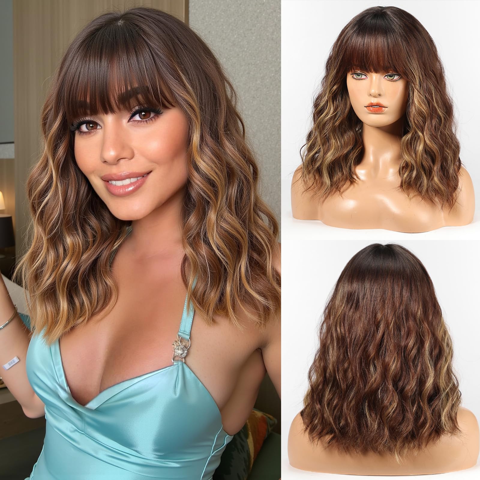 WOKESTAR Bob Wigs With Neat Fringe, Wavy Synthetic Wigs for Women Mixed Brown with Highlights Color, 22 inches