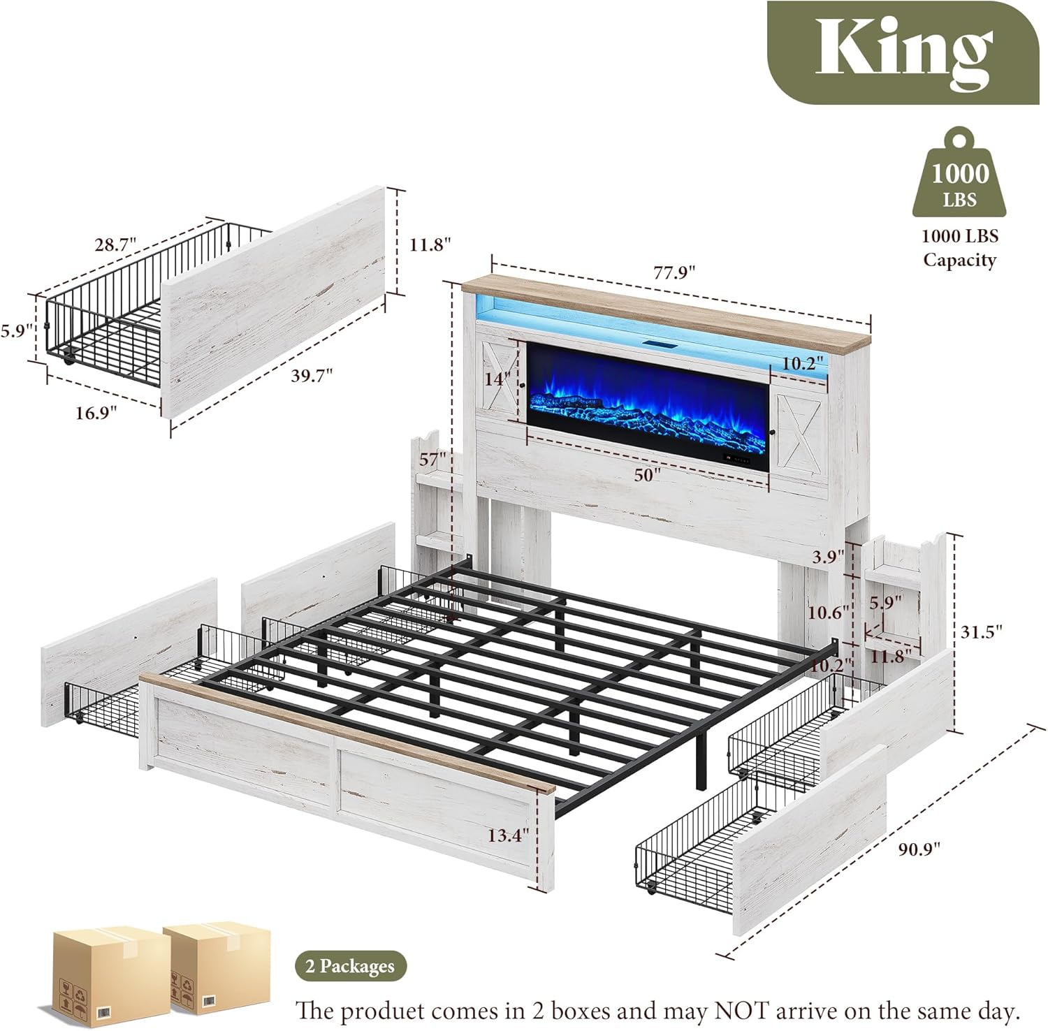AMERLIFE King Bed Frame with Fireplace, Farmhouse Storage Platform Bed with 57" Headboard, Barn Door Cabinets, 4 Drawers & 2 Bedside Racks, RGB LED & Charging Station, Distressed White
