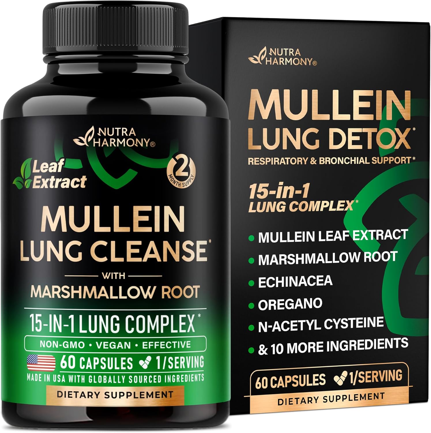 Mullein Leaf Extract for Lung Detox – Marshmallow Root | Echinacea | Oregano | Quercetin | NAC – 15-in-1 Lung Support & Cleanse for Smokers Supplement – Made in USA – As Drops, Tincture – 60 Capsules
