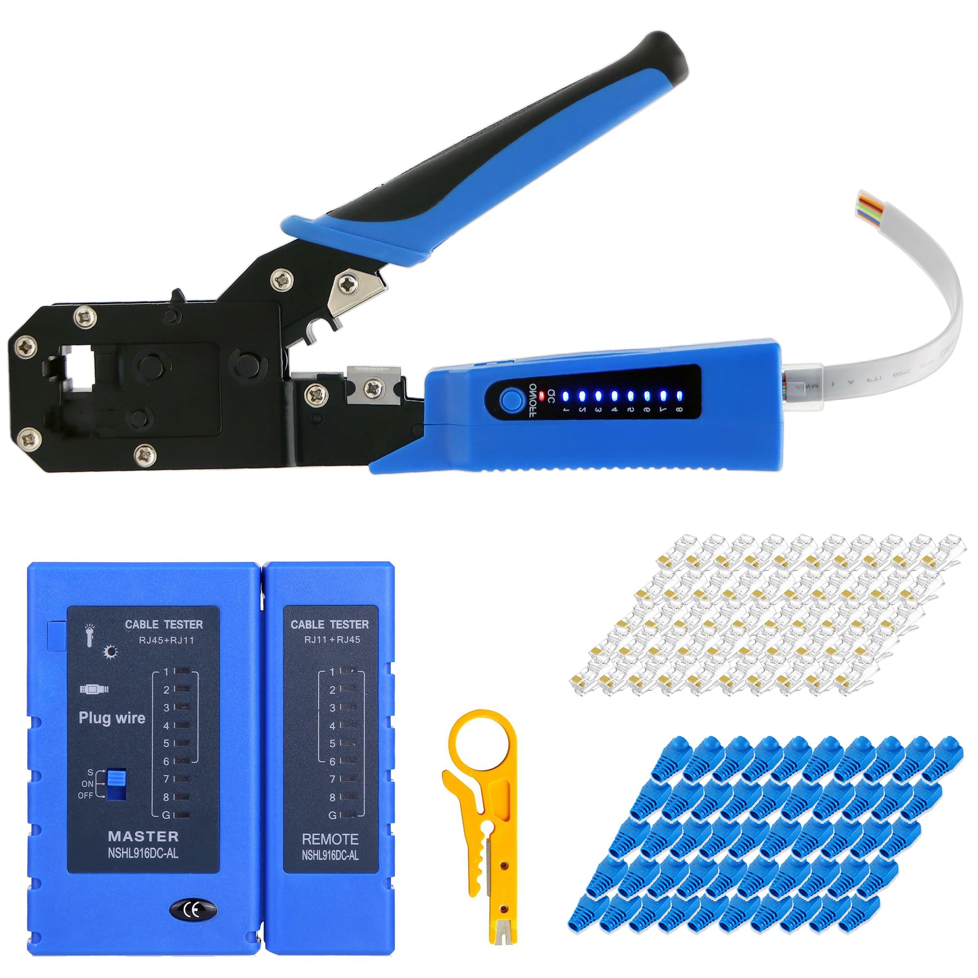Kit de herramientas de crimpado RJ45 todo en uno, crimpadora Ethernet Cat6, Cat5, Cat5e, herramienta de crimpado con probador de cables de red, paquete de 50 conectores Cat5e RJ45, paquete de 50