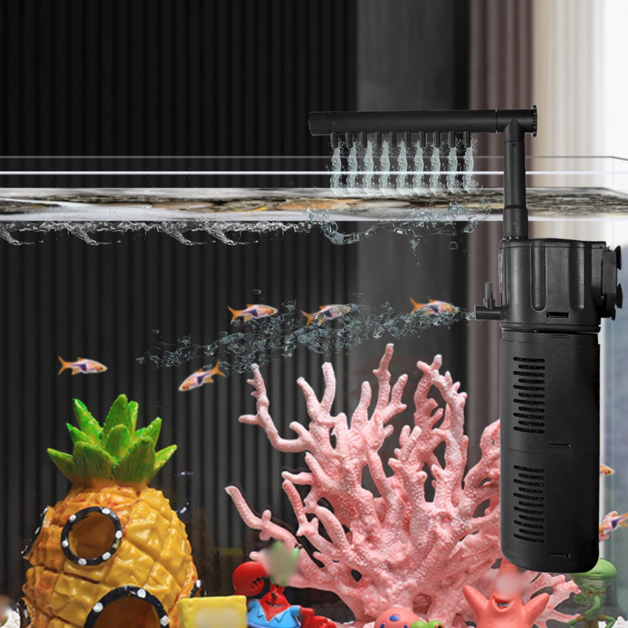 Buraq Silent Fountain Aquarium Filter – 4-in-1 Submersible Pump for Filtration, Oxygenation, Wave & Fountain, 18W Powerful Water Flow 1000L/H, Multi-Mode Fish Tank Filter (1.5–2.5 FT Tanks)