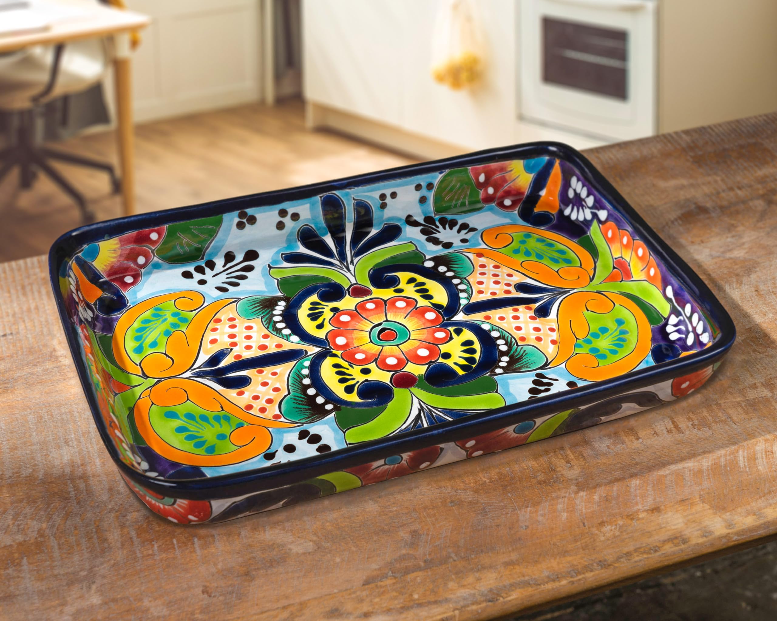 Enchanted Talavera Pottery Mexican Hand Painted Ceramic Rectangle Serving Platter Dish Appetizer Plate Tray Food Mexican Floral Pattern Thanksgiving Holiday Party Fiesta (Large 13.2 x 9 x 2, Multi)