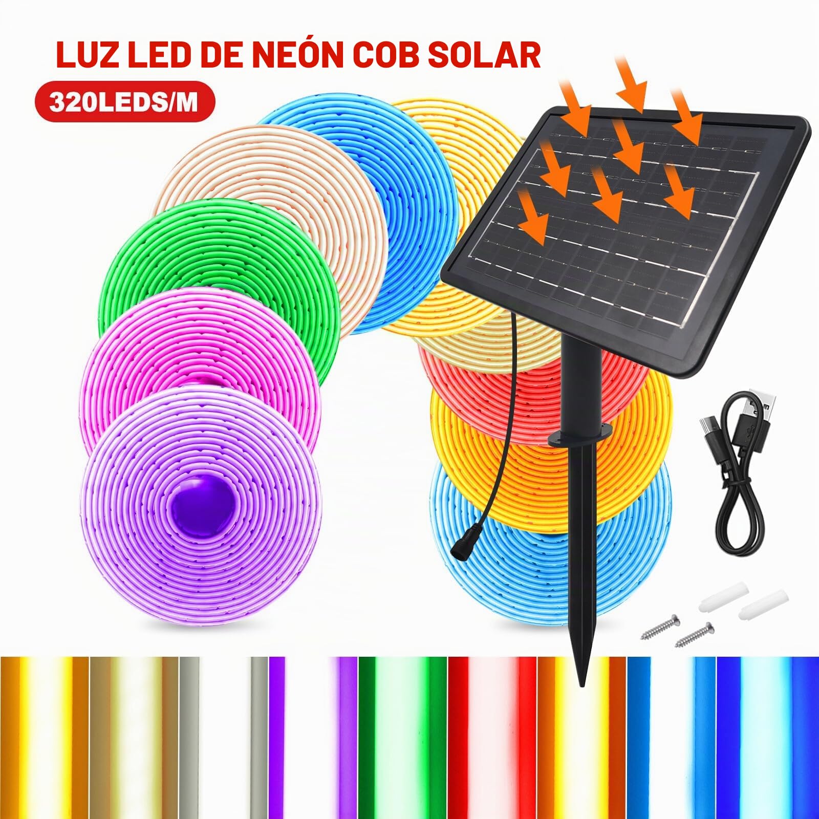 24V COB LED Tira Solar [10m,Blanco Cálido 3000-3500K], 7200MAH Controlador de Panel Solar, 8 Modos, IP68 Impermeable Flexible FCOB LED Tira de Neón, Decoración de Dormitorio Jardín Pasillo