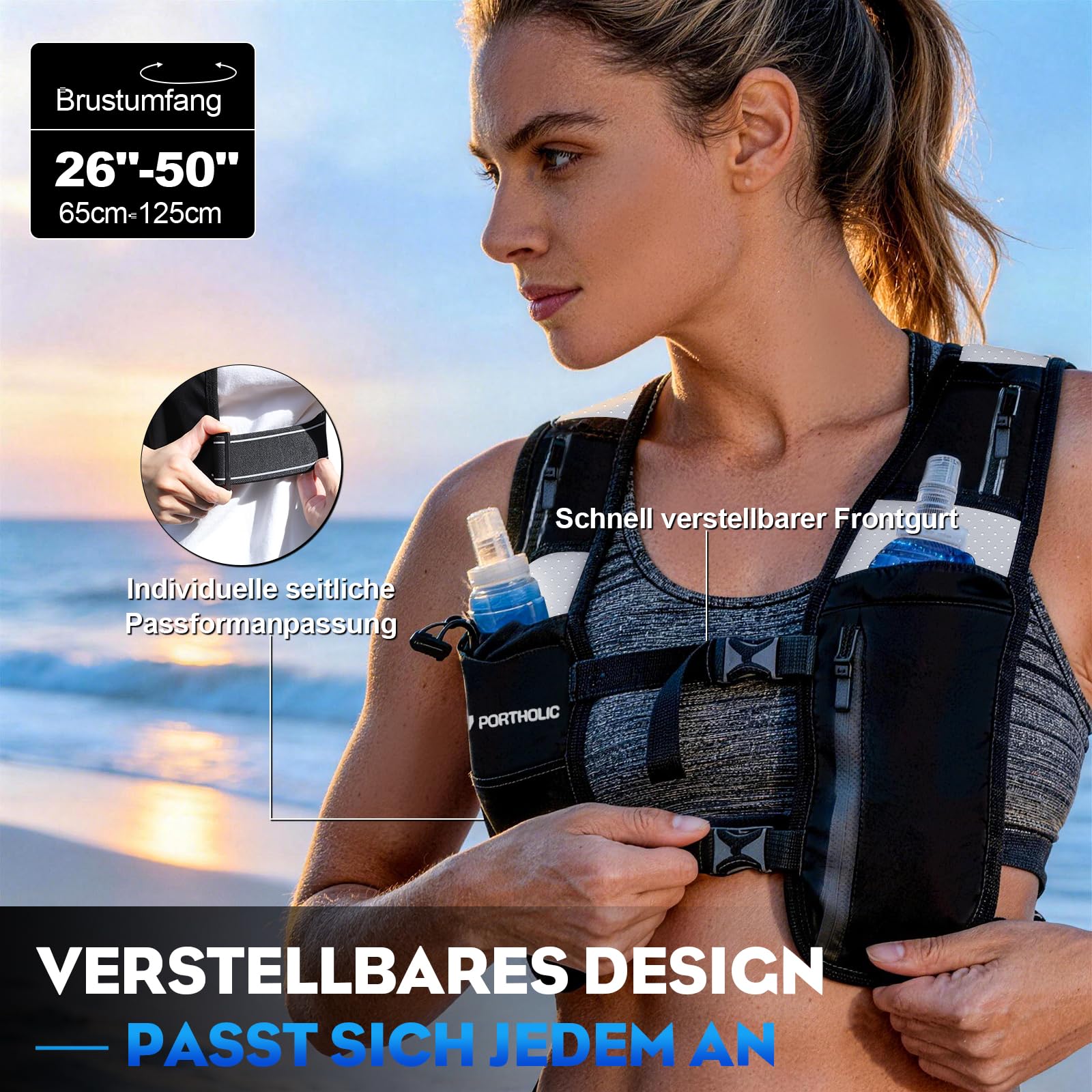 PORTHOLIC Gilet da corsa da uomo e donna, con 2 bottiglie da 500 ml, luce a LED, riflettente a 360°, impermeabile, leggero e regolabile, per jogging, trail running, trekking, maratona