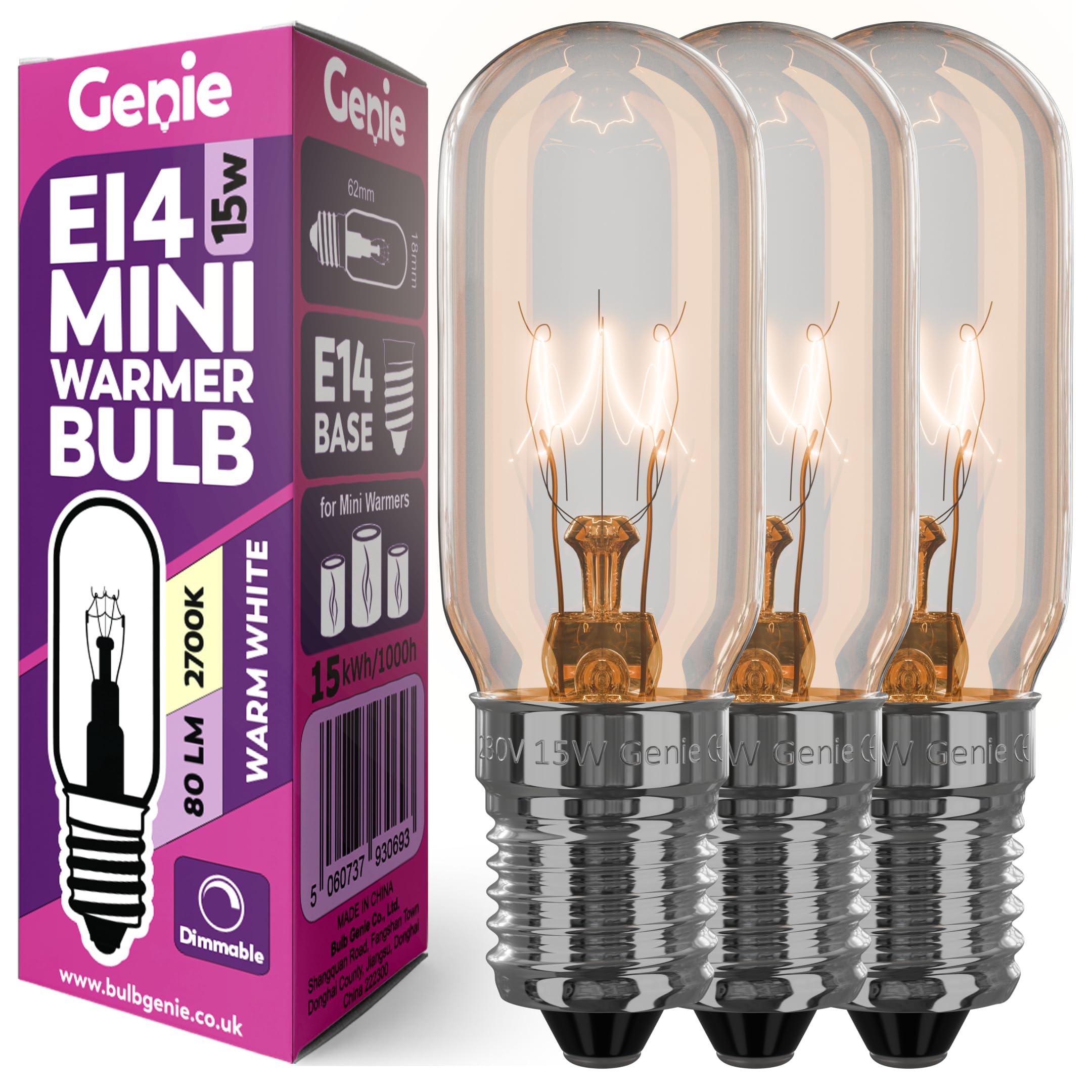 Genie 15W E14 Small Incandescent Glass Light Bulb 230V (Pack of 3) for UK Scentsy Mini Wax Warmers | 2700K Warm White | Dimmable | Pygmy/Small Edison Screw (SES) Base (15, Watts)