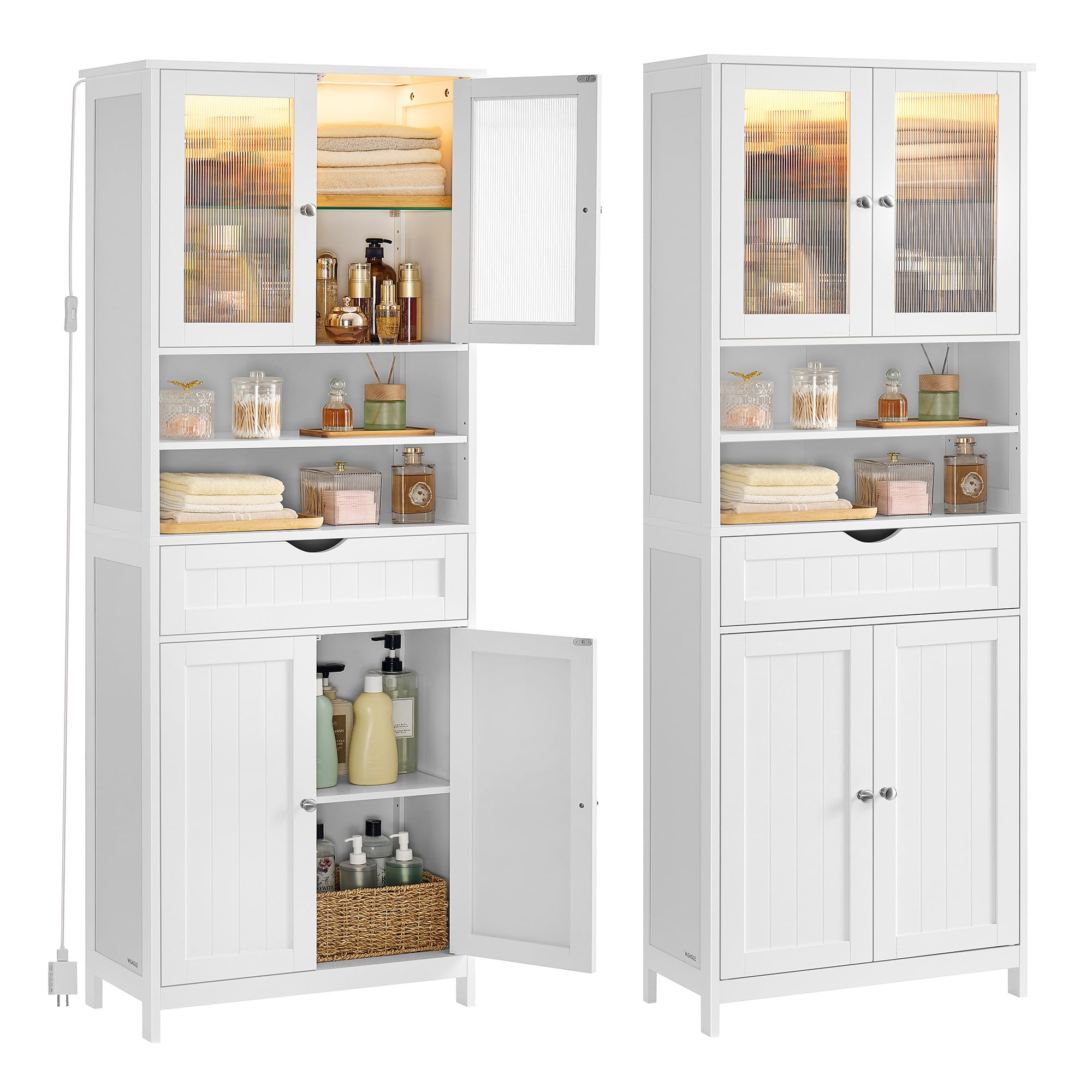 VASAGLE UBBC767WH01S Storage Cabinet with LED Lights in a bathroom setting