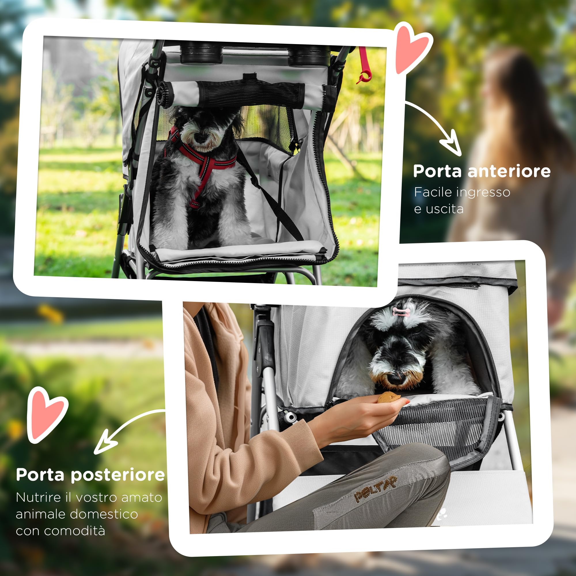 PawHut Passeggino per Cani Piccoli Pieghevole, Carrozzina per Cani con Ruote con Freni, Portabicchieri, Cestino Portaoggetti, 3 Finestre e Ruote Anteriori a 360°, per Animali Domestici 10 kg, Grigio