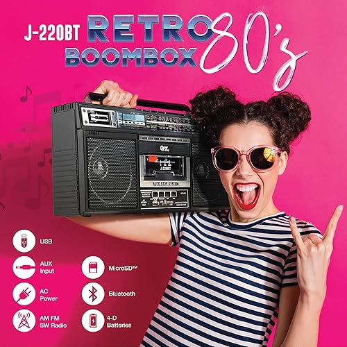 Miniatura 2 de QFX J-220BT Boombox MP3 Conversión de radio a casete con radio de 4 bandas (AM, FM, SW1, SW2) con Bluetooth, batería recargable, altavoces duales de