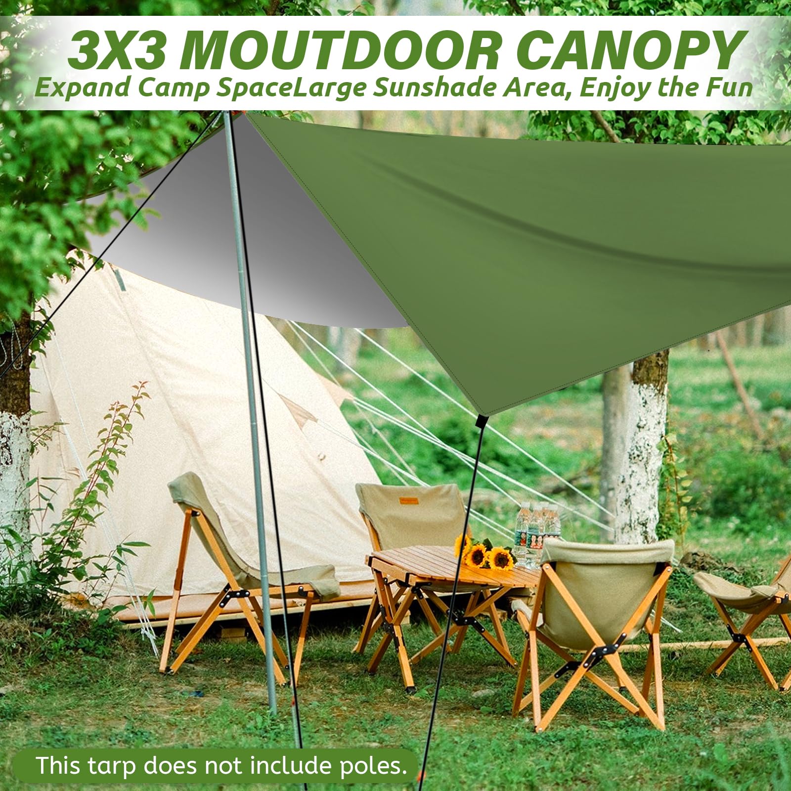 3x3M Camping Bâche, Bâche Anti-Pluie, Toile de Tente Imperméable Anti-UV, Léger Portable, avec Oeillets + Clou en Aluminium + Corde à Vent, Randonnée, Hamac, Extérieur