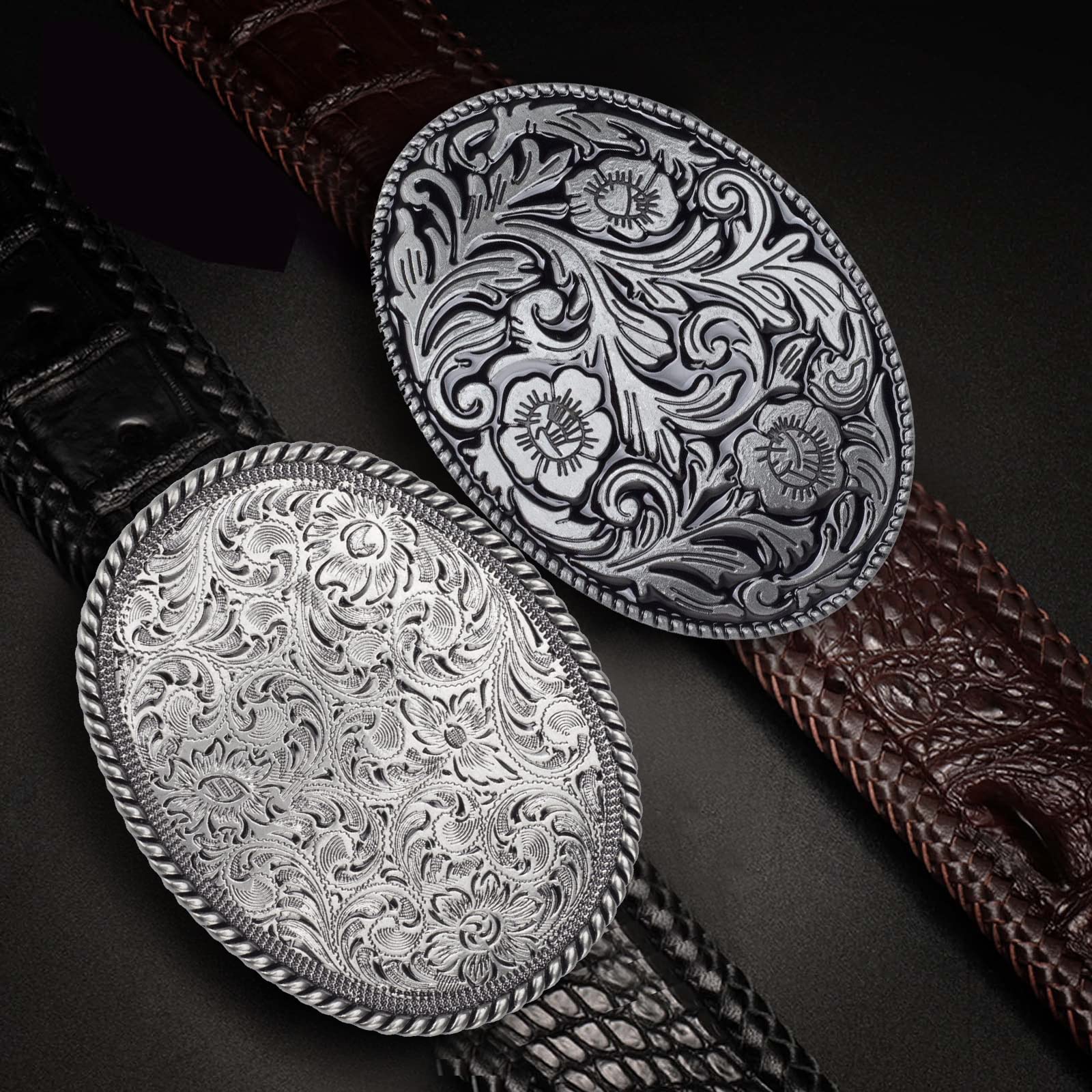 ycunowon Western Cowboy belt buckle,Antique Engraved Flower Solid Metal Belt Buckles for Men Women (Silver)