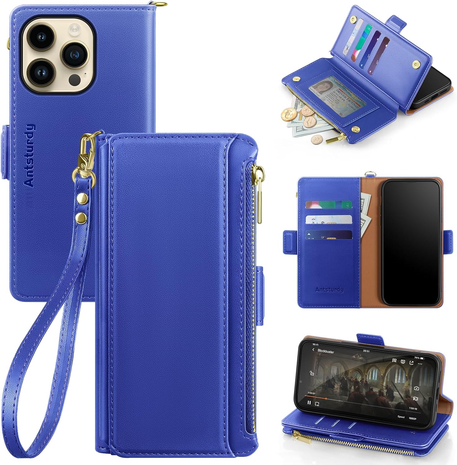 Antsturdy Compatible with iPhone 14 Pro Max Wallet Case,RFID Blocking PU Leather Phone Case Women Men Flip Protective Cover Strap Zipper Credit Card Holder Slots,for Apple 14 Pro Max,Purple Blue