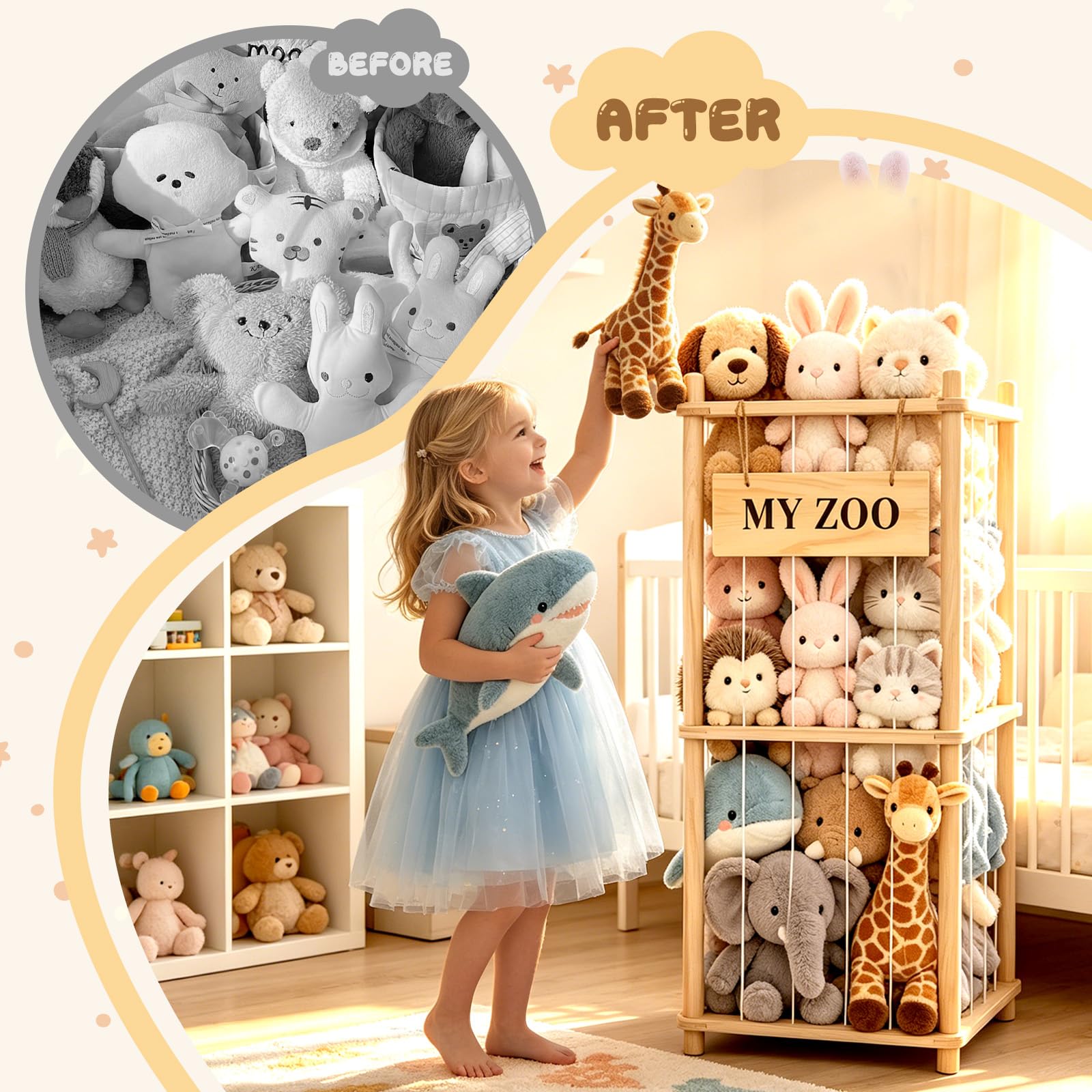 Dtabiler - Organizador de animales de peluche de madera maciza, 95 x 40 x 40 cm, 2 niveles, diseño abierto, para habitación infantil y sala de juegos, de madera de pino