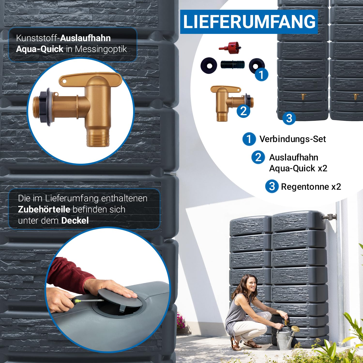 4rain Slim Stone Decor Regentonne Set 1000 Liter Graphitgrau – 2X Regenfass/Wassertank 500 Liter mit Verbinder + Hahn – Frostsicherer Regenwassertank/Regenwassertonne - Wassertonne für Garten