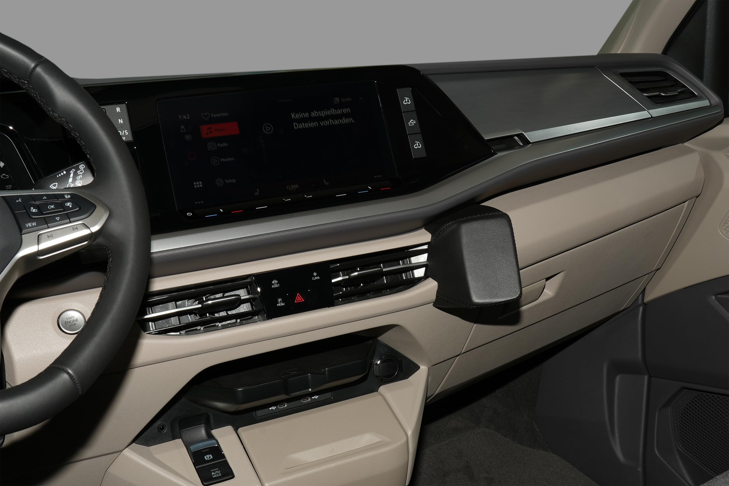 KUDA Supporto per cellulare adatto per VW T7 Multivan dal 2021 e VW California dal 2024, console telefonica per smartphone, cellulare, navigatore e altro ancora, in ecopelle, nero, 4475