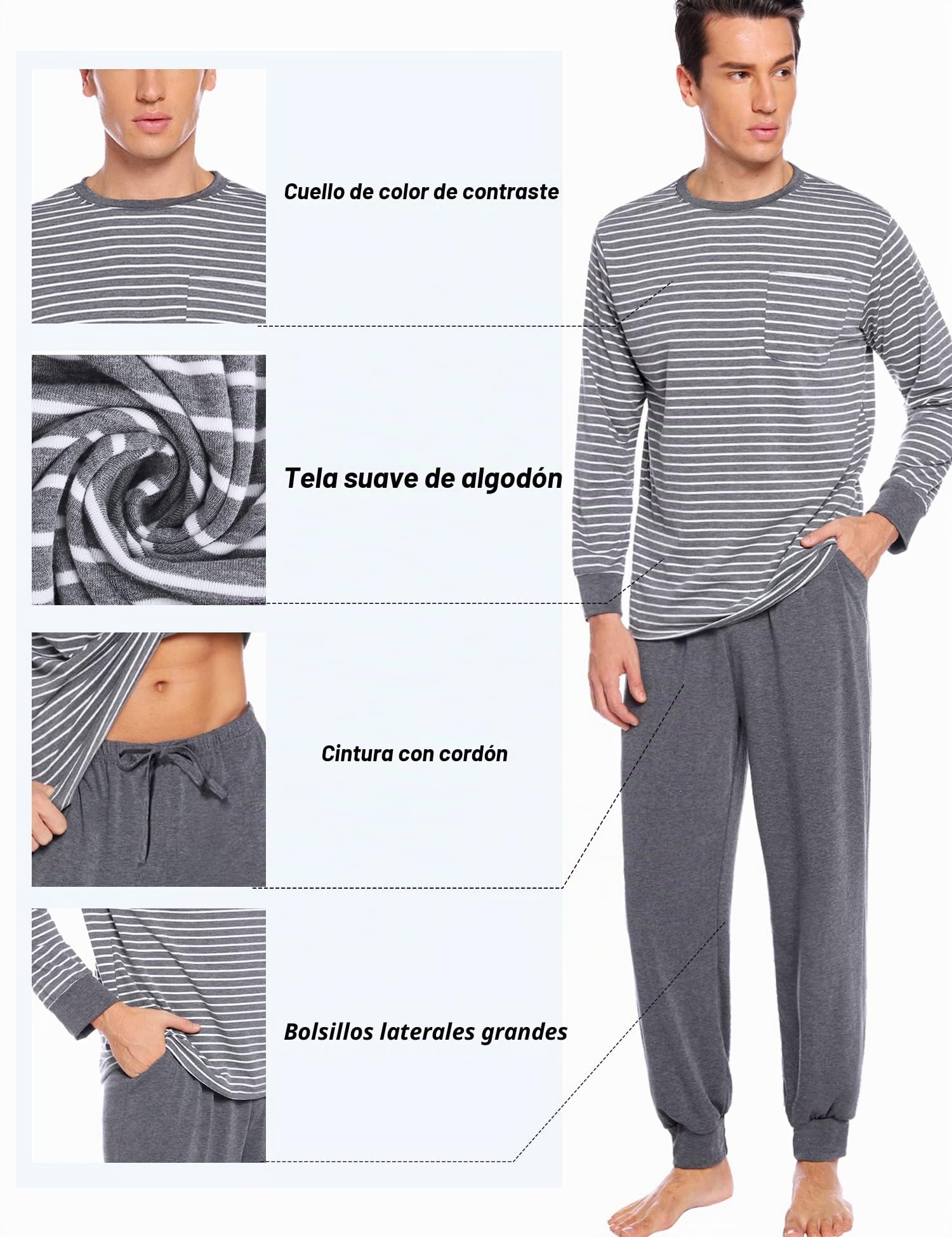 Sykooria Pijama Hombre Algodón Conjunto de Pijama de Manga Larga Ropa de Dormir 2 Piezas Conjunto de Pijama a Rayas y Pantalones Largos con Bolsillos S-3XL