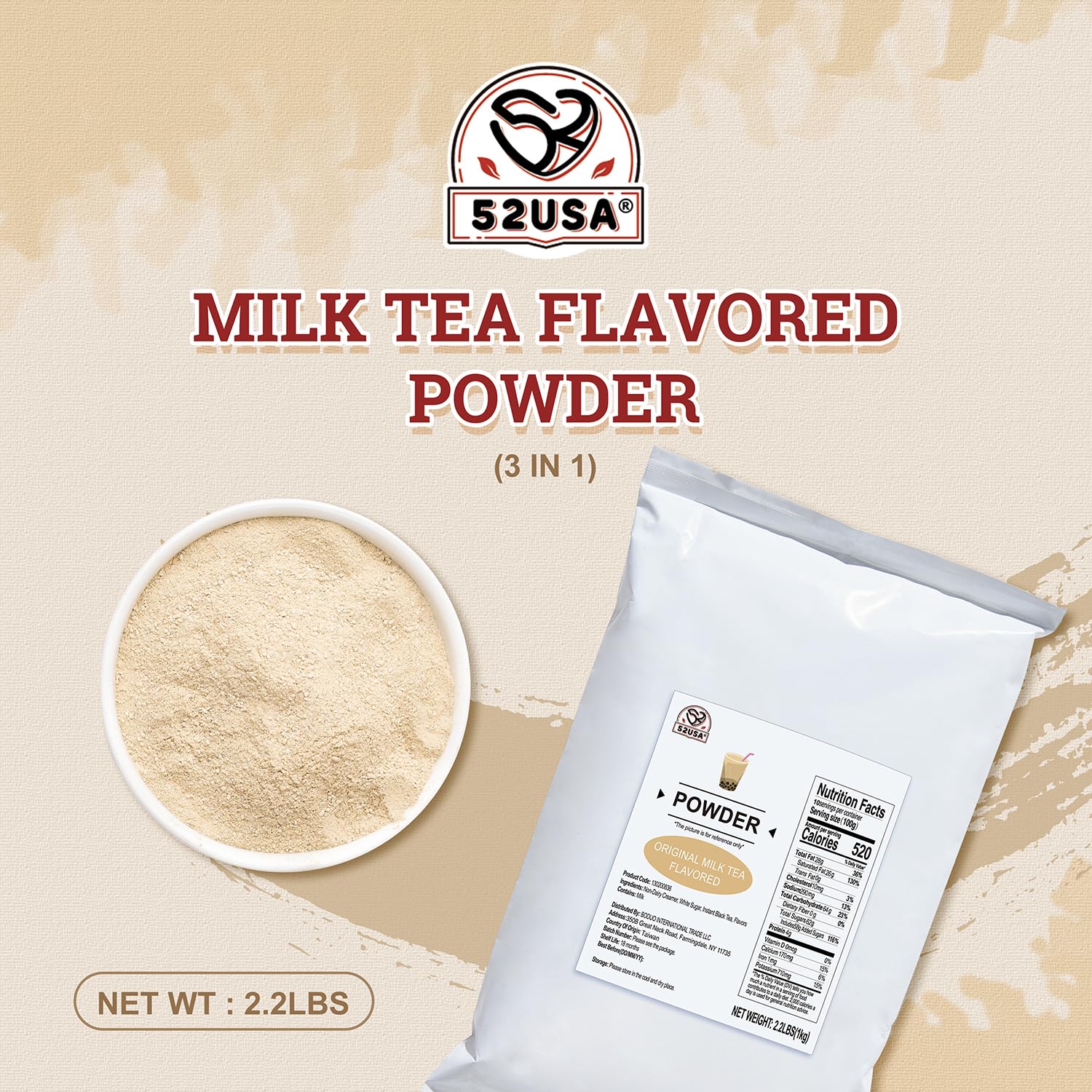 52USA Milk Tea Flavored Powder (3-in-1) 1kg – Instant Pre-Mixed Beverage Powder with Cream, Sugar & Milk Tea Flavor for Hot or Cold Drinks & Frappes