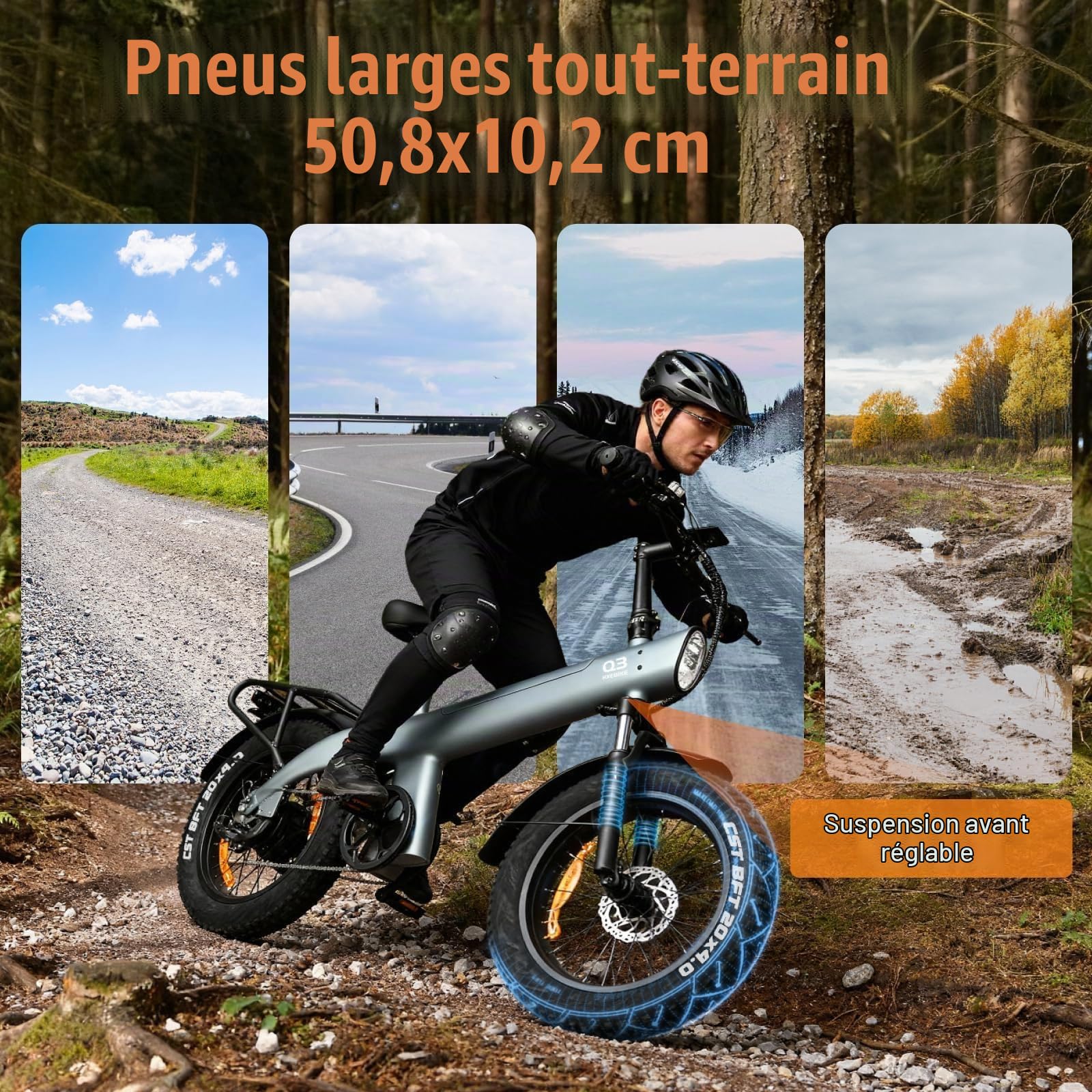 HX Q3 Vélo électrique Homme Femme Ville,20''x4'' Fat E Bike,115Nm,VTT Electrique Adulte,48V 20Ah Batterie Amovible,120KM,Suspension Intégrale & Freins Hydrauliques,7 Vitesses,Porte‑Bagages arrière