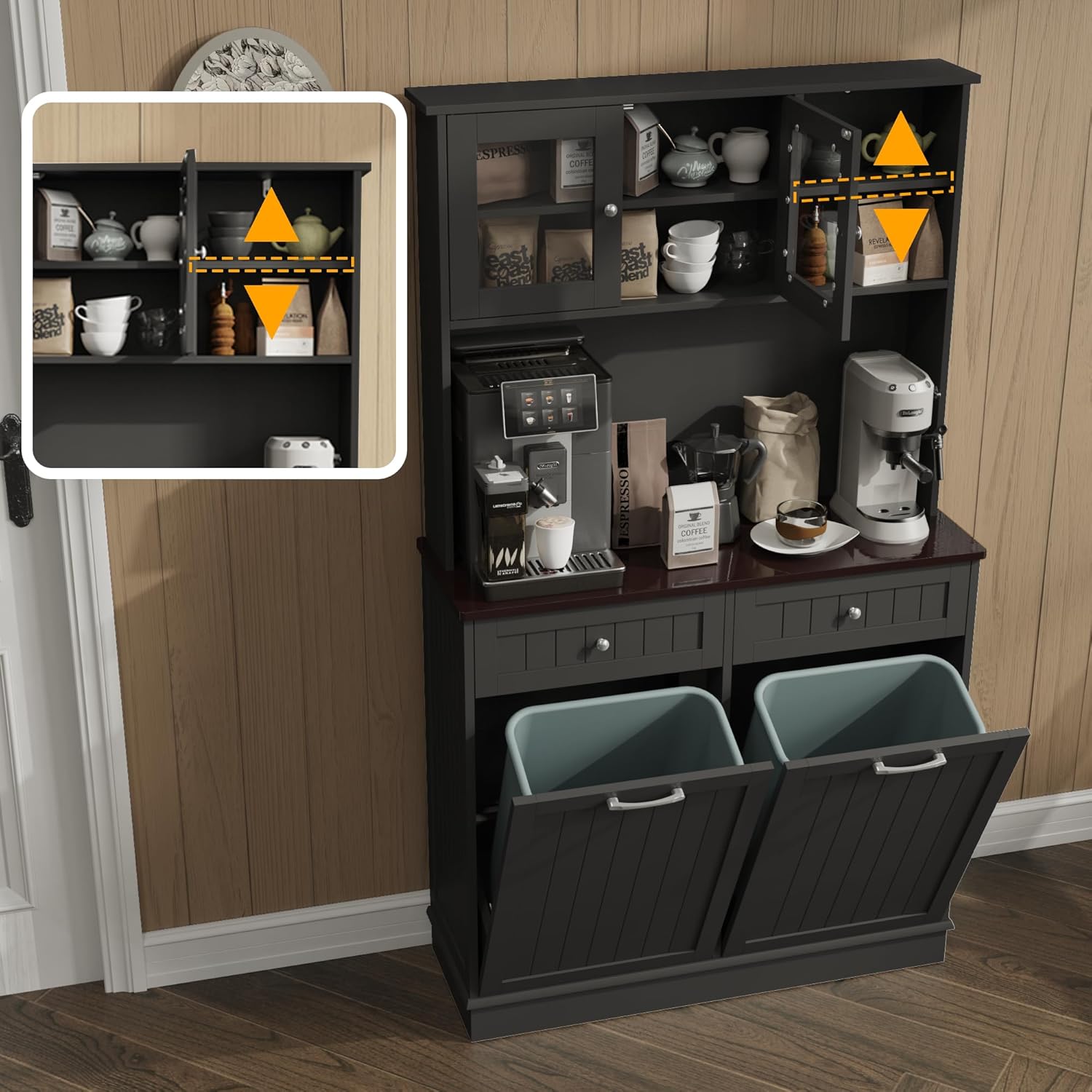 KIGOTY 68" Kitchen Pantry Storage Cabinet,20 Gallon Trash Cabinet with Microwave Stand, Tall Kitchen Cupboard,Pantry Cabinets with Doors and Shelves for Hallway (Black-Double)