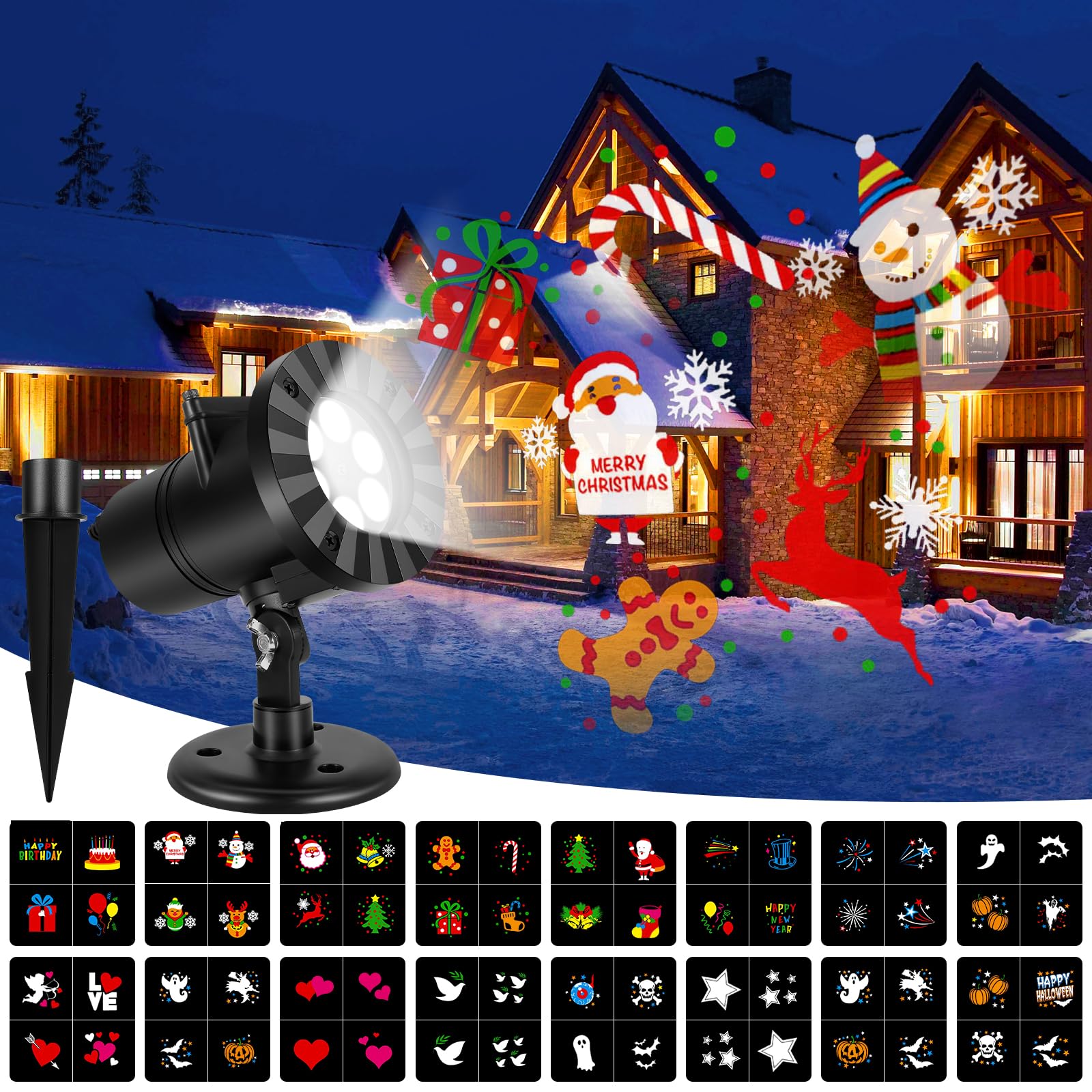 Projektor Weihnachten Aussen, Halloween Lichter Projektor mit 16 Folien, IP65 Wasserdicht LED Projektionslampe für Weihnachten, Halloween, Outdoor Indoor Dekorationen, Klub Party