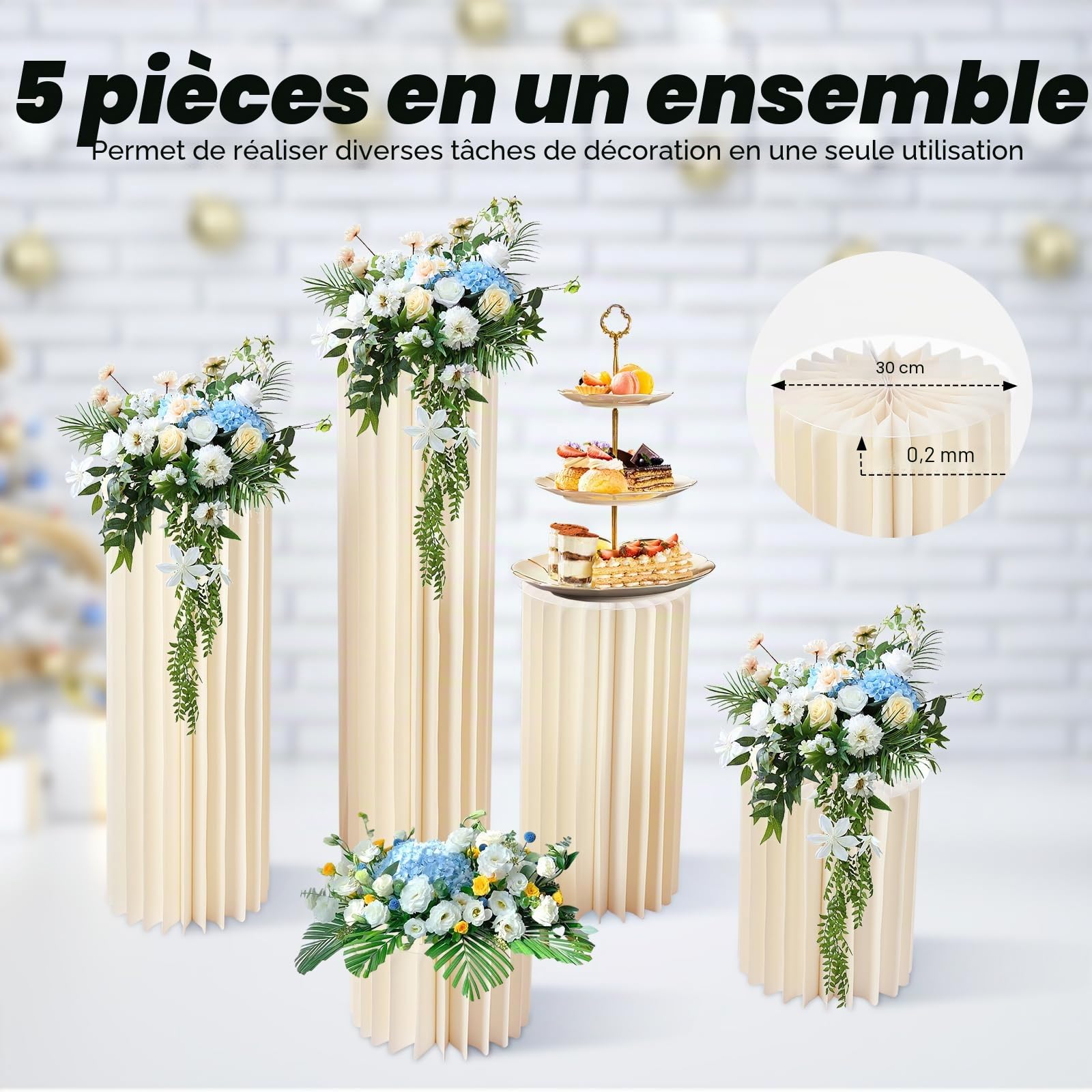 Lot de 5 supports de fleurs pliables en papier blanc, 20/40/60/80/100 cm de haut, en papier blanc, support à gâteau, support cylindrique avec panneau en PVC, présentoir pour mariage, anniversaire