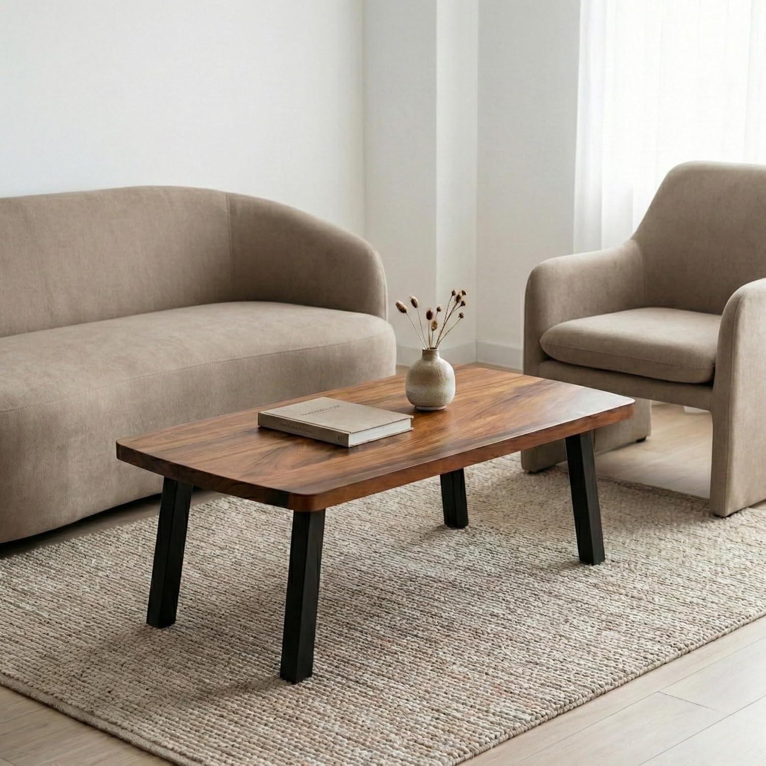 Solid Wood Coffee Table - 46" x 25" Real Walnut Center Table for Living Room - Water & Scratch-Resistant, Food-Safe Finish, Tool-Free Assembly, Mid-Century Modern Furniture