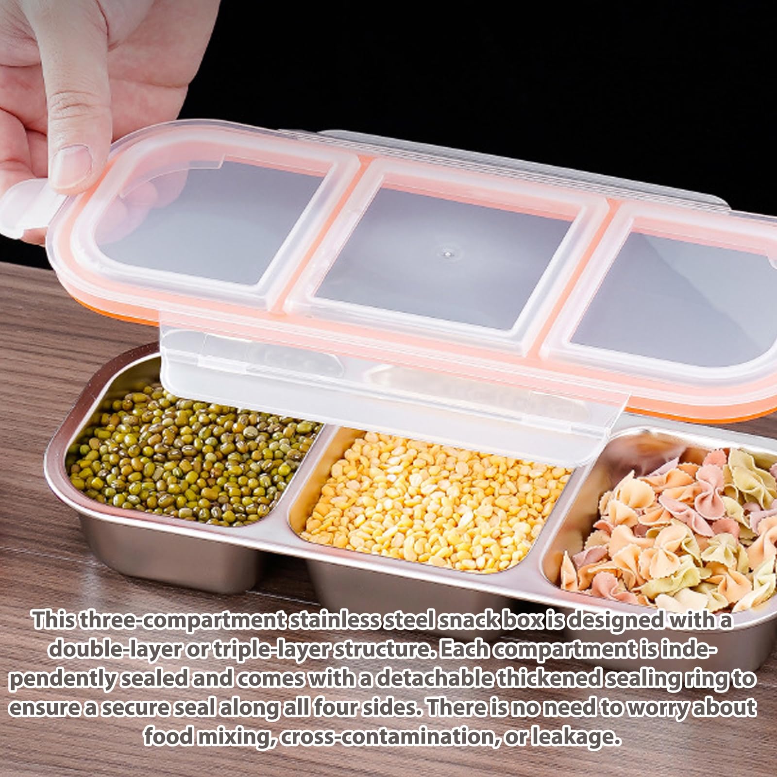 2 contenitori per snack con scomparti, in acciaio inox, con coperchio