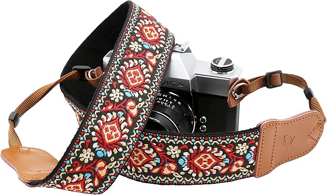 Red Flower Camera Strap - Double Layer Cowhide Ends,2"Wide Pure Cotton Embroidered Woven Camera Strap,Adjustable Universal Neck & Shoulder Strap for All DSLR / SLR Cameras,Gift for Photographers