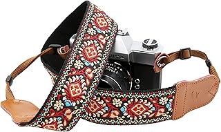 Red Flower Camera Strap - Double Layer Cowhide Ends,2"Wide Pure Cotton Embroidered Woven Camera Strap,Adjustable Universal Neck & Shoulder Strap for All DSLR / SLR Cameras,Gift for Photographers